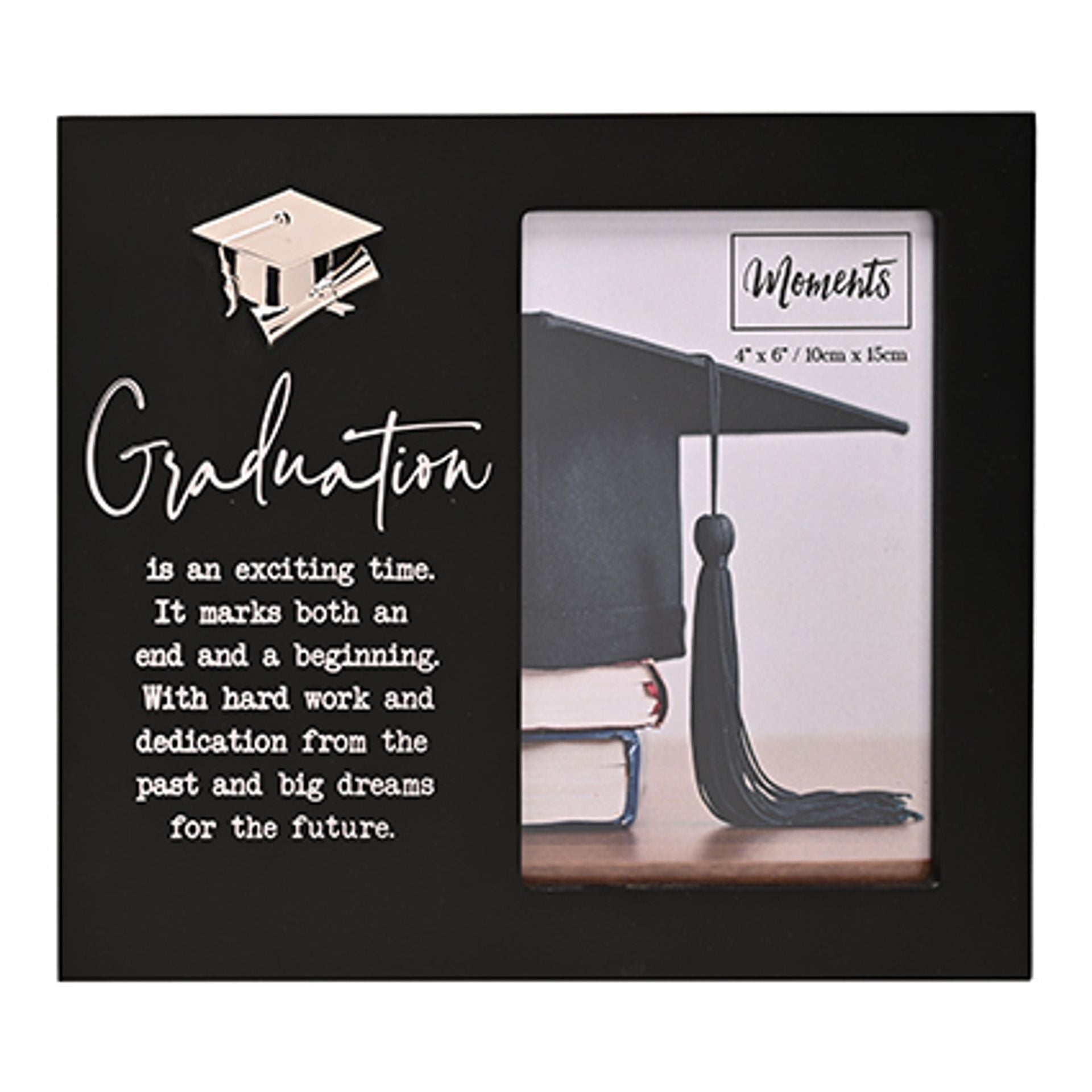 Moments Photo Frame Black with Silver Icon 4" x 6" - Graduation