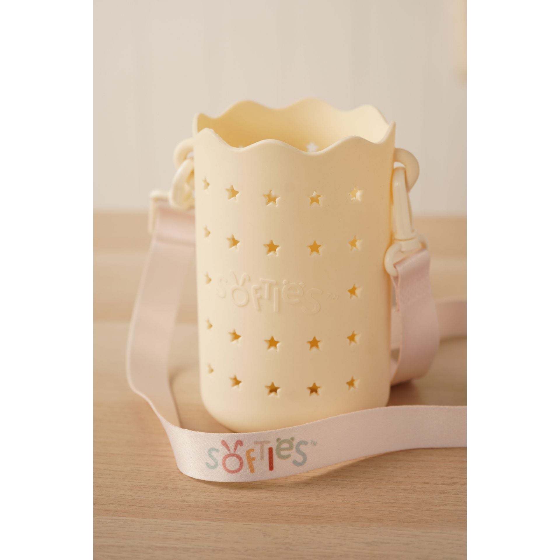 Softies Silicone Water Bottle Bag with Charm Holes and Fabric Clip on Carry Strap