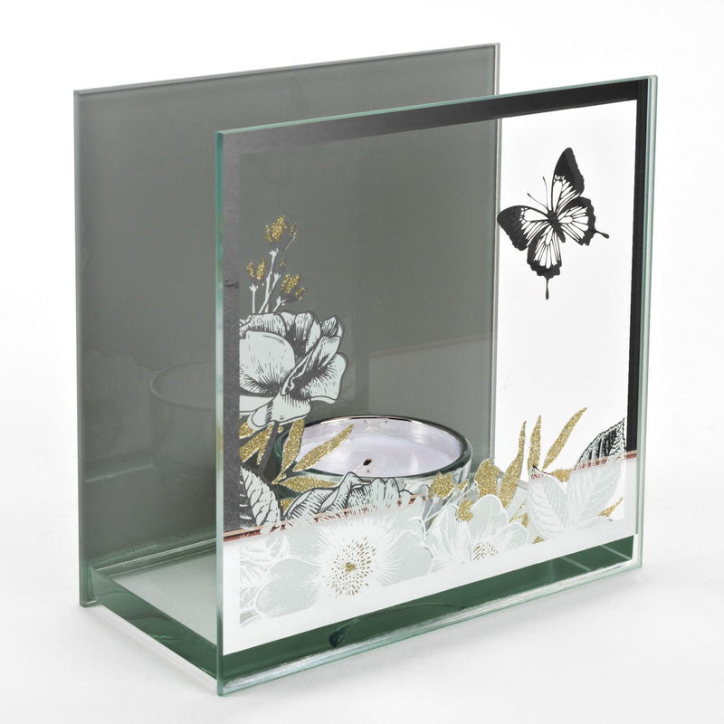 Sophia Glass & White Flower Single Tea Light Holder