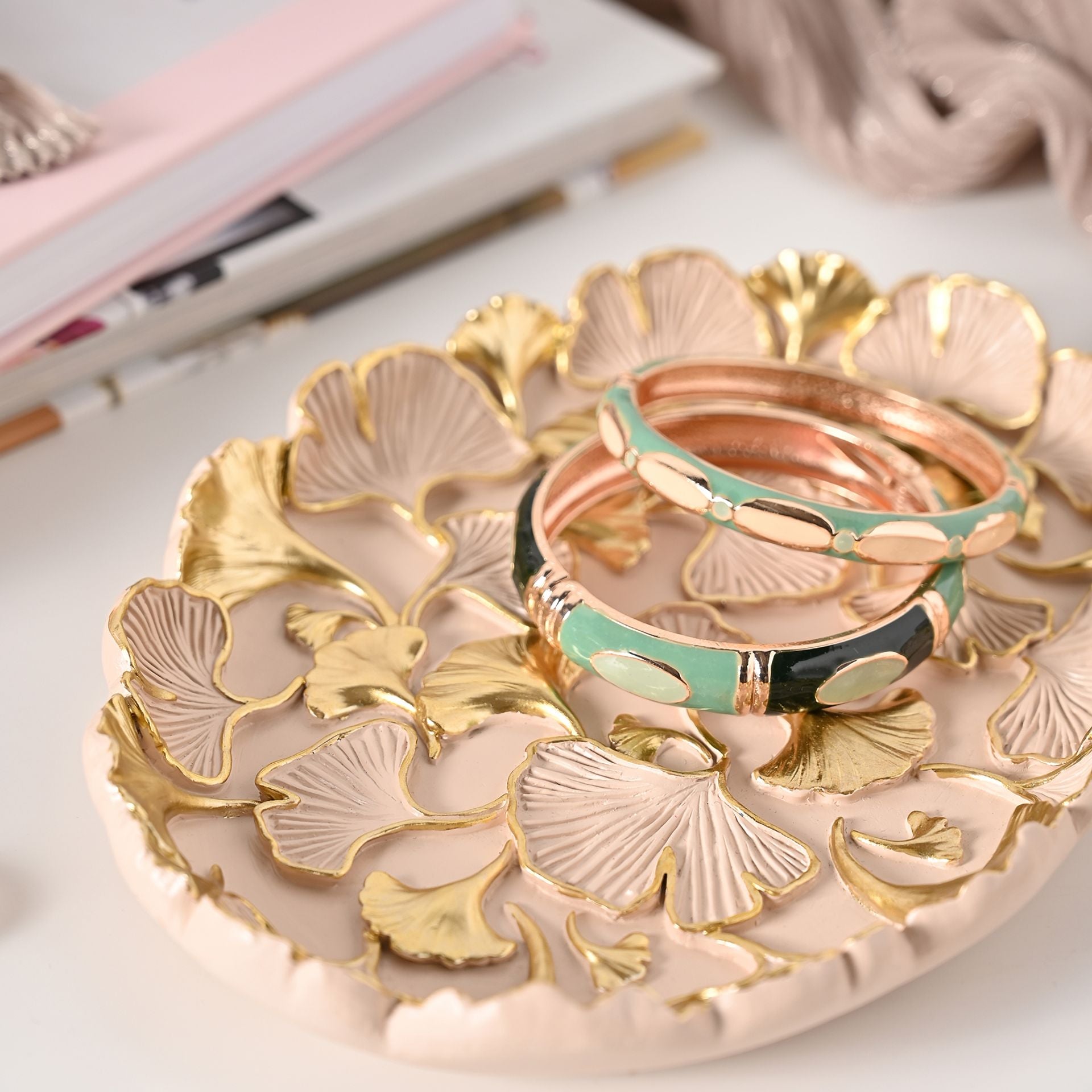 Sophia Classic Ginkgo Blush Round Trinket Tray