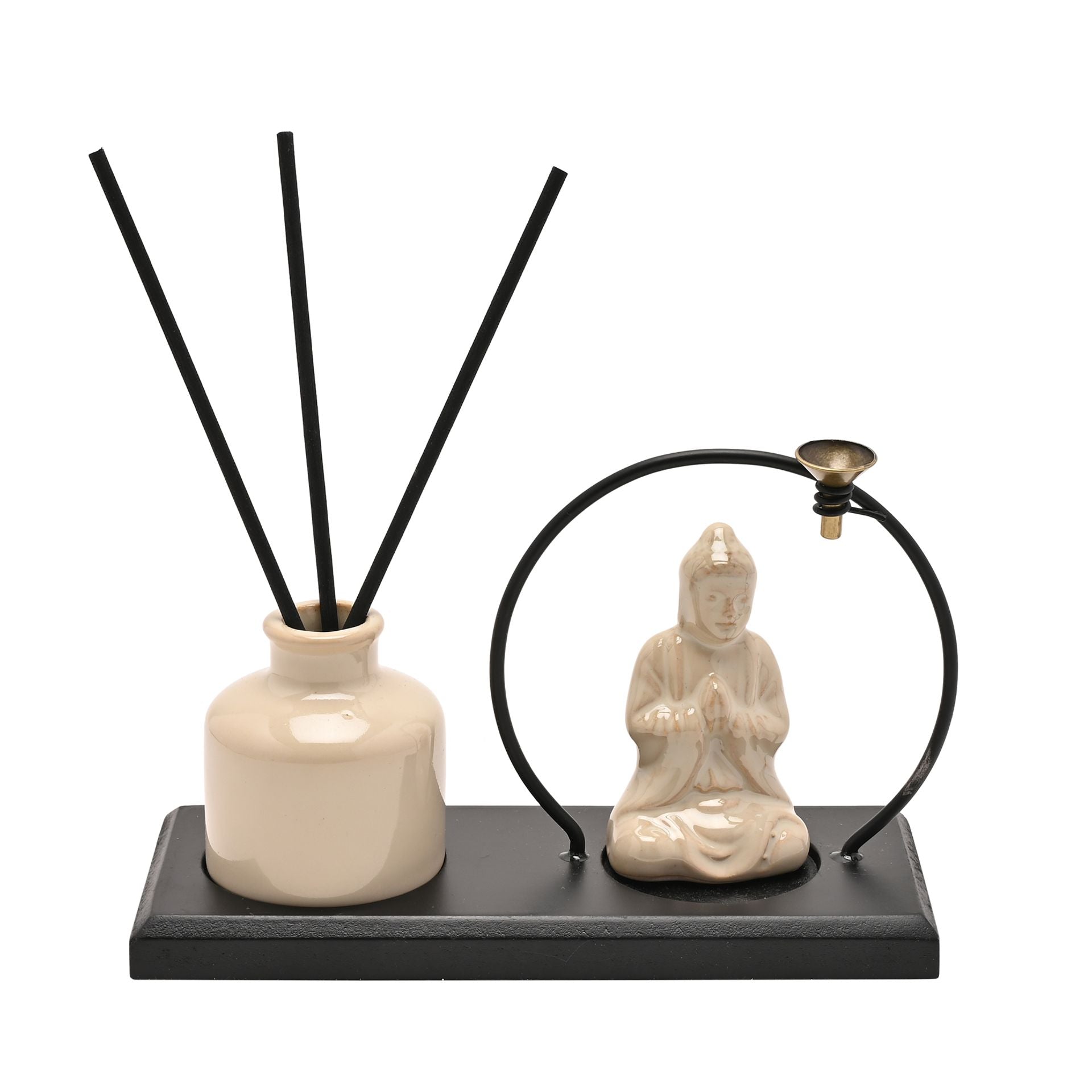 Serenity Buddha Incense & Diffuser Holder Gift Set - Cream with Black Base