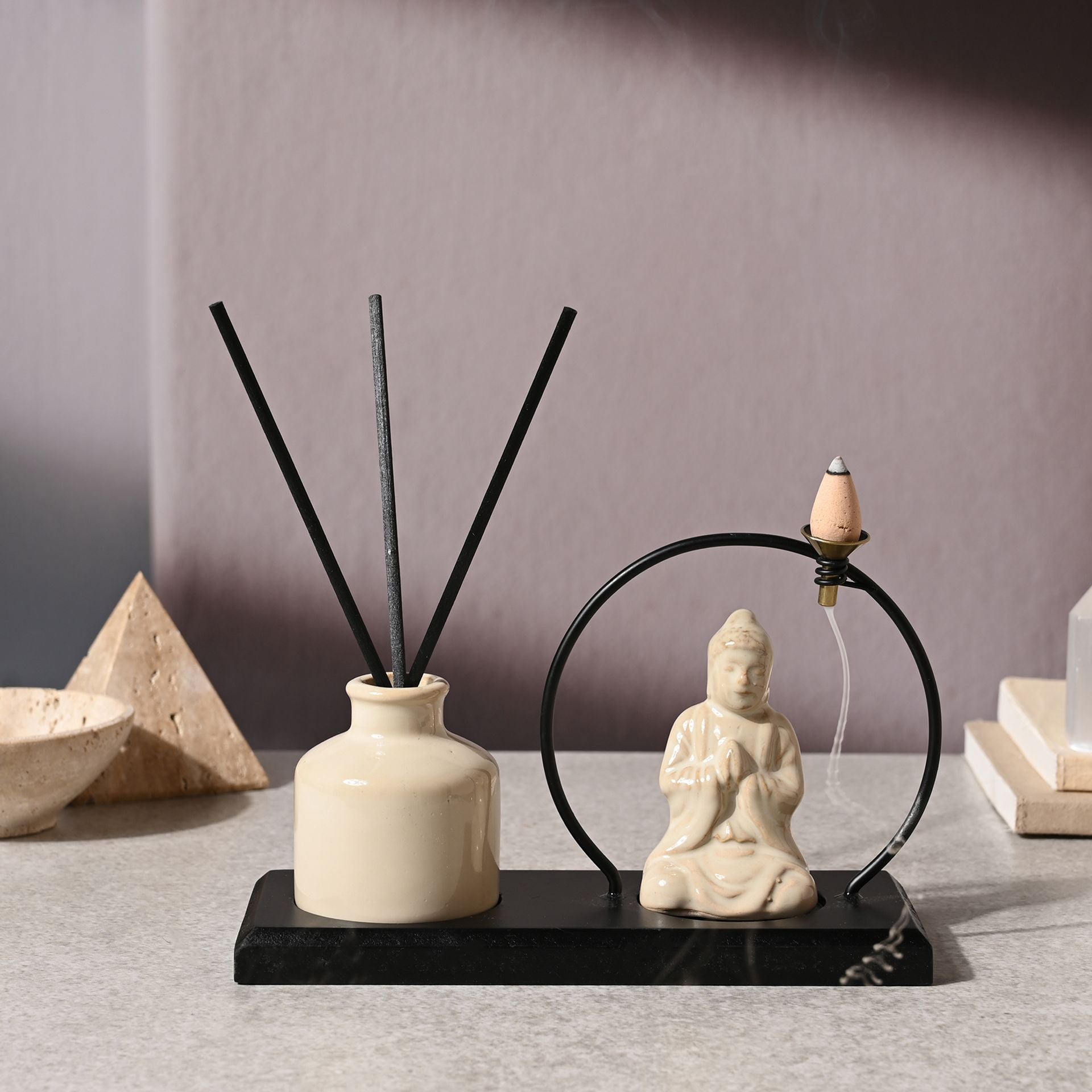 Serenity Buddha Incense & Diffuser Holder Gift Set - Cream with Black Base