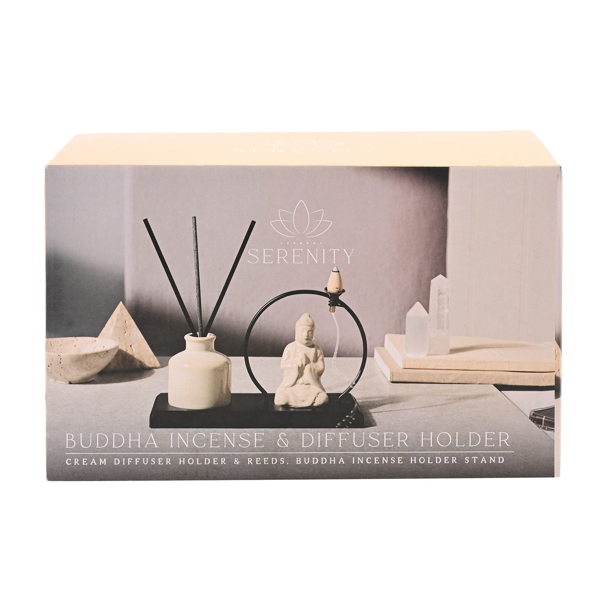 Serenity Buddha Incense & Diffuser Holder Gift Set - Cream with Black Base