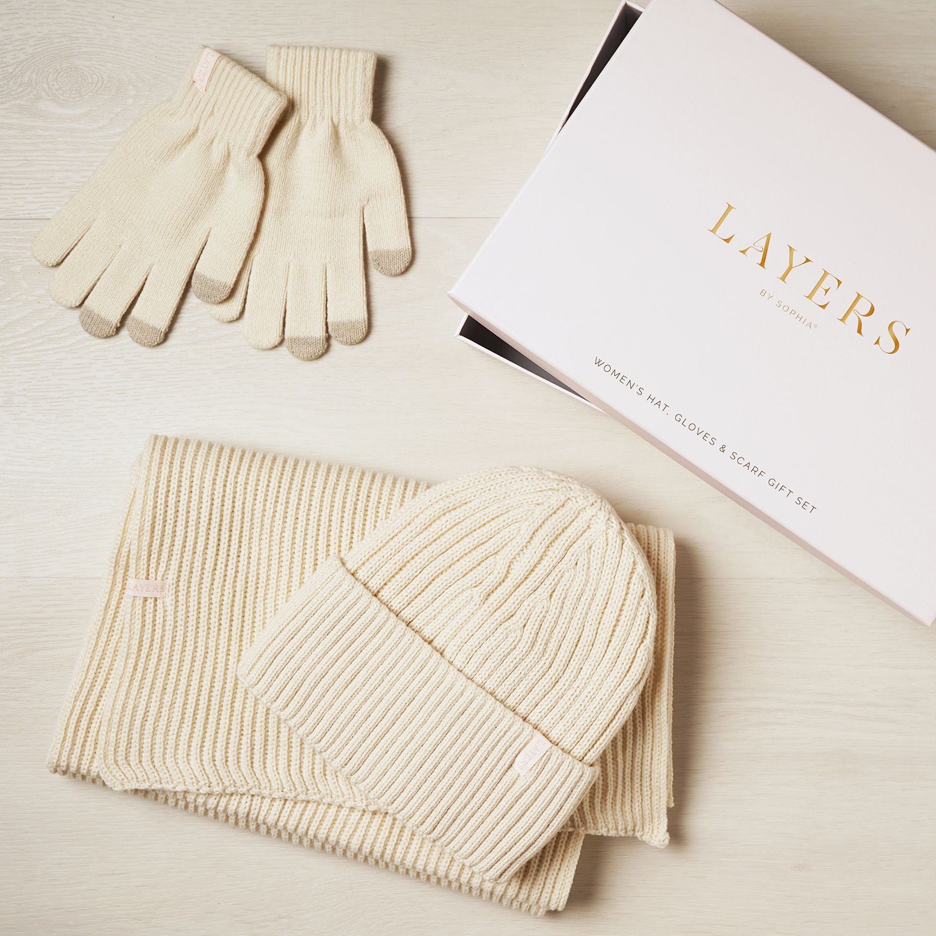 Sophia Layers Cosy Knit Hat Glove & Scarf Gift Set - Ivory