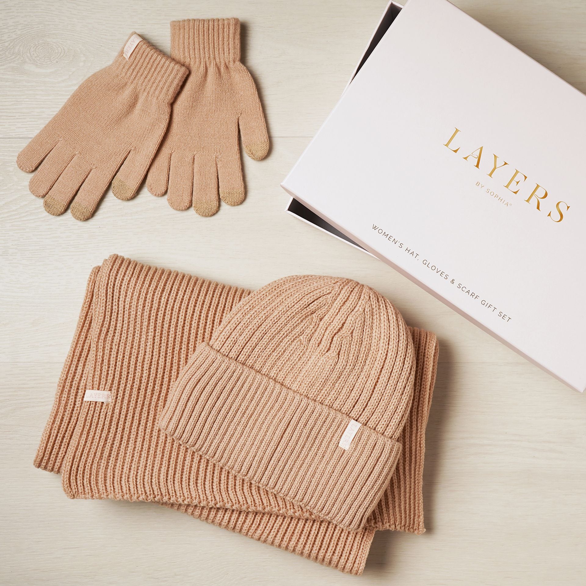 Sophia Layers Cosy Knit Hat Glove & Scarf Gift Set - Nude