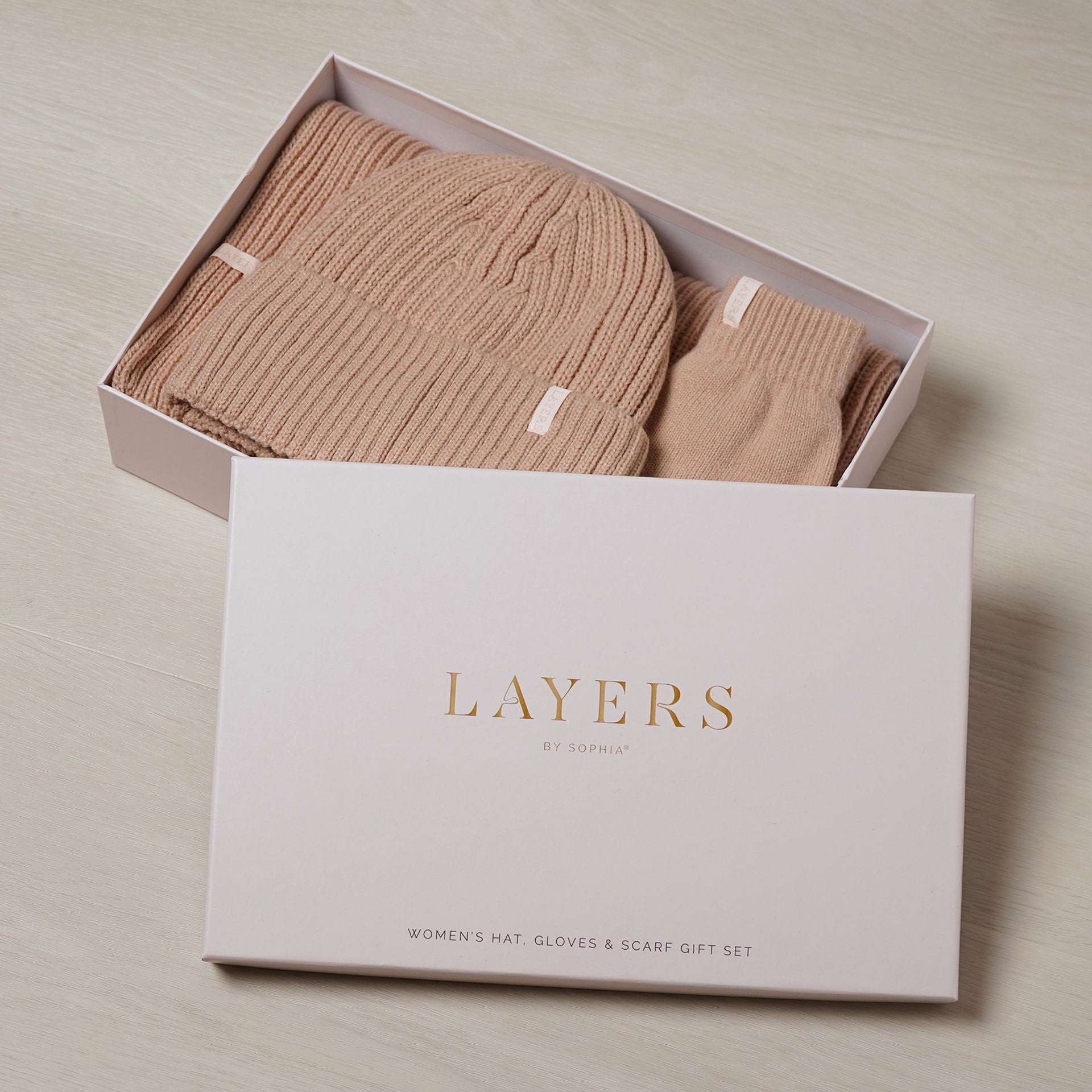 Sophia Layers Cosy Knit Hat Glove & Scarf Gift Set - Nude