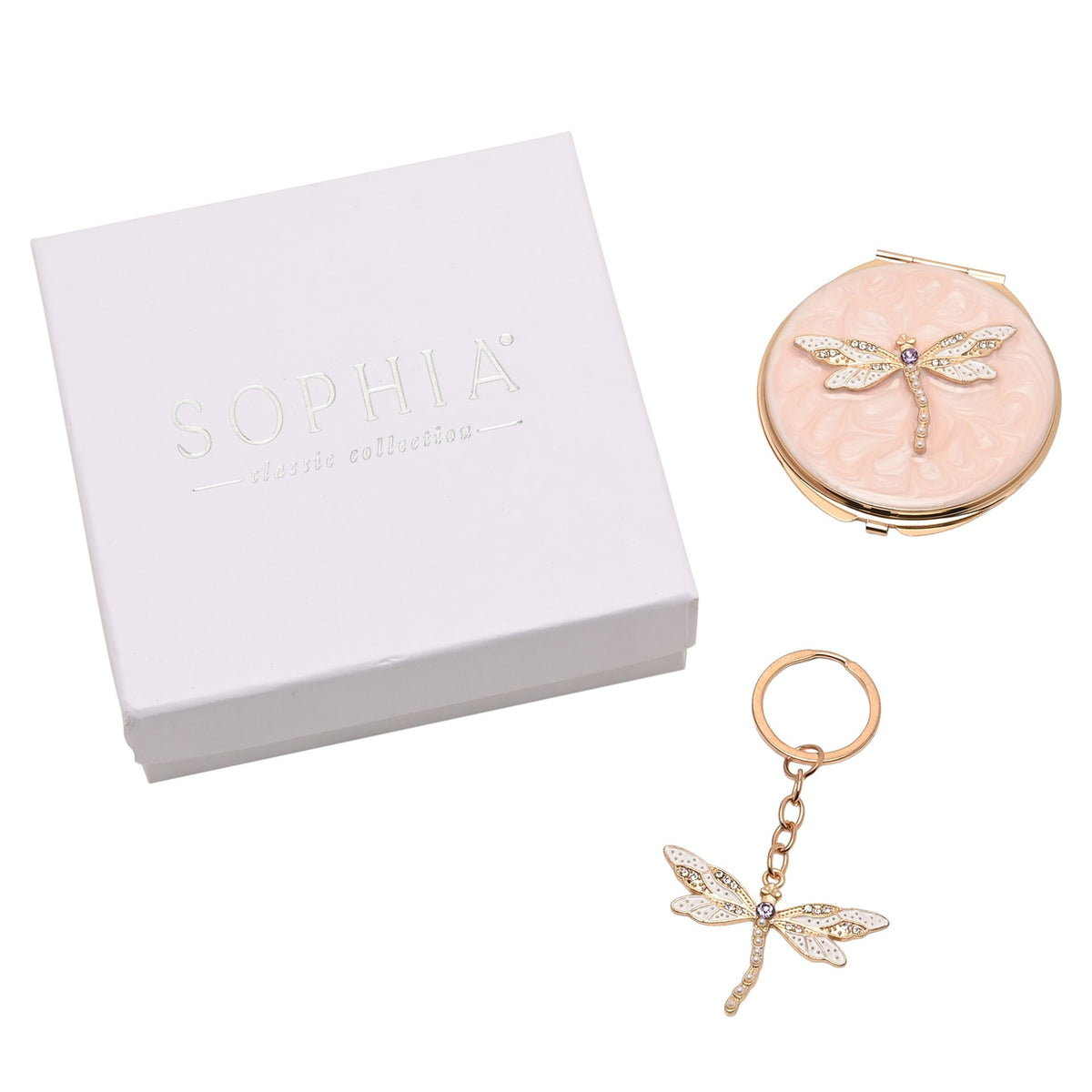 Sophia Classic Compact Mirror and Keyring Gift Set - Blush Dragonfly
