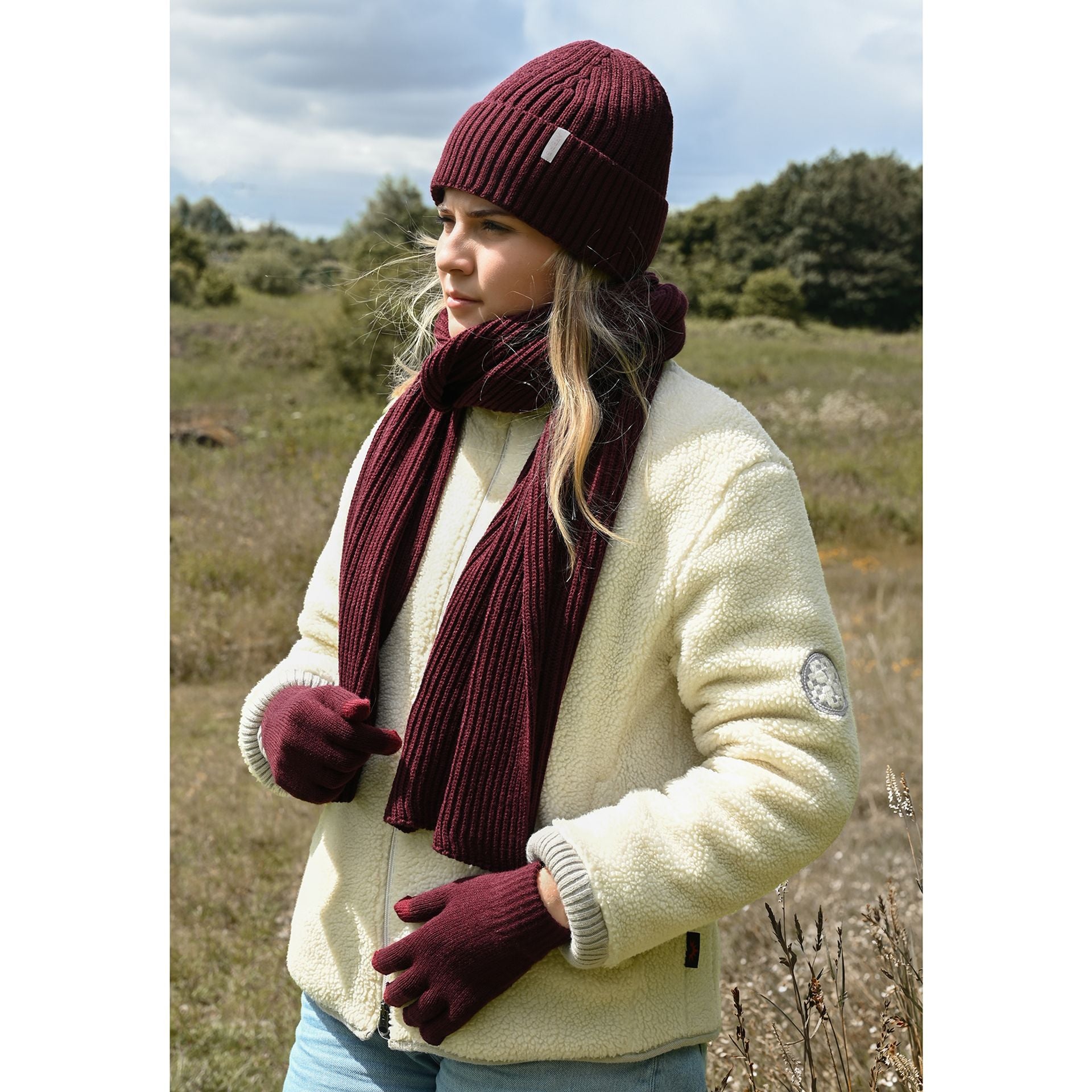 Sophia Layers Cosy Knit Hat Glove & Scarf Gift Set - Burgundy