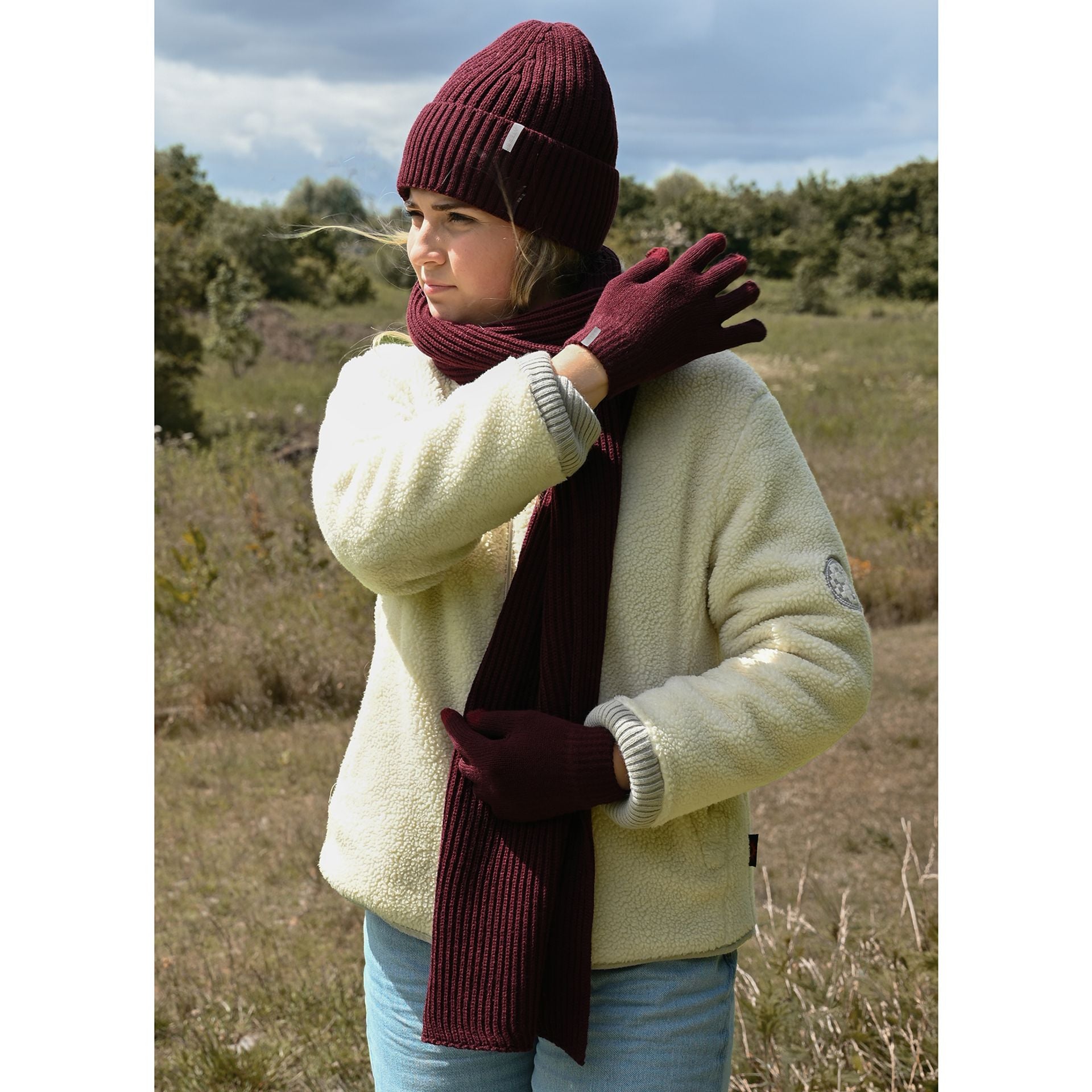 Sophia Layers Cosy Knit Hat Glove & Scarf Gift Set - Burgundy