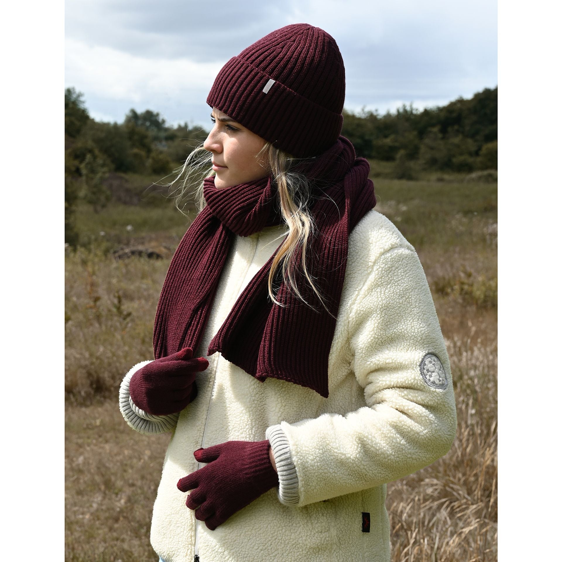 Sophia Layers Cosy Knit Hat Glove & Scarf Gift Set - Burgundy