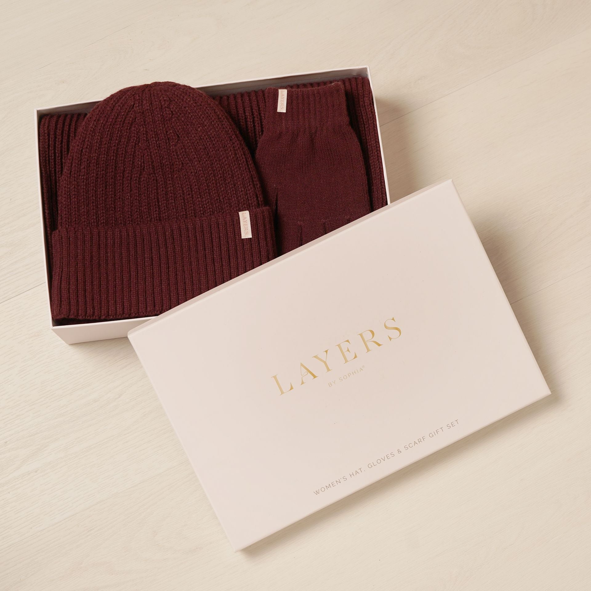 Sophia Layers Cosy Knit Hat Glove & Scarf Gift Set - Burgundy