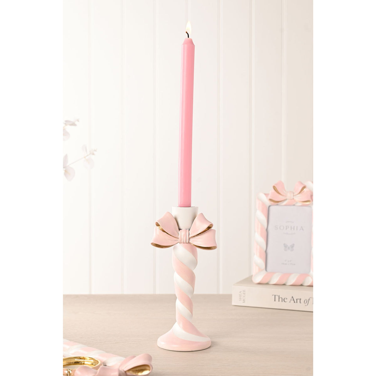 Resin Pink Candy Cane and Bow Candlestick- 22cm