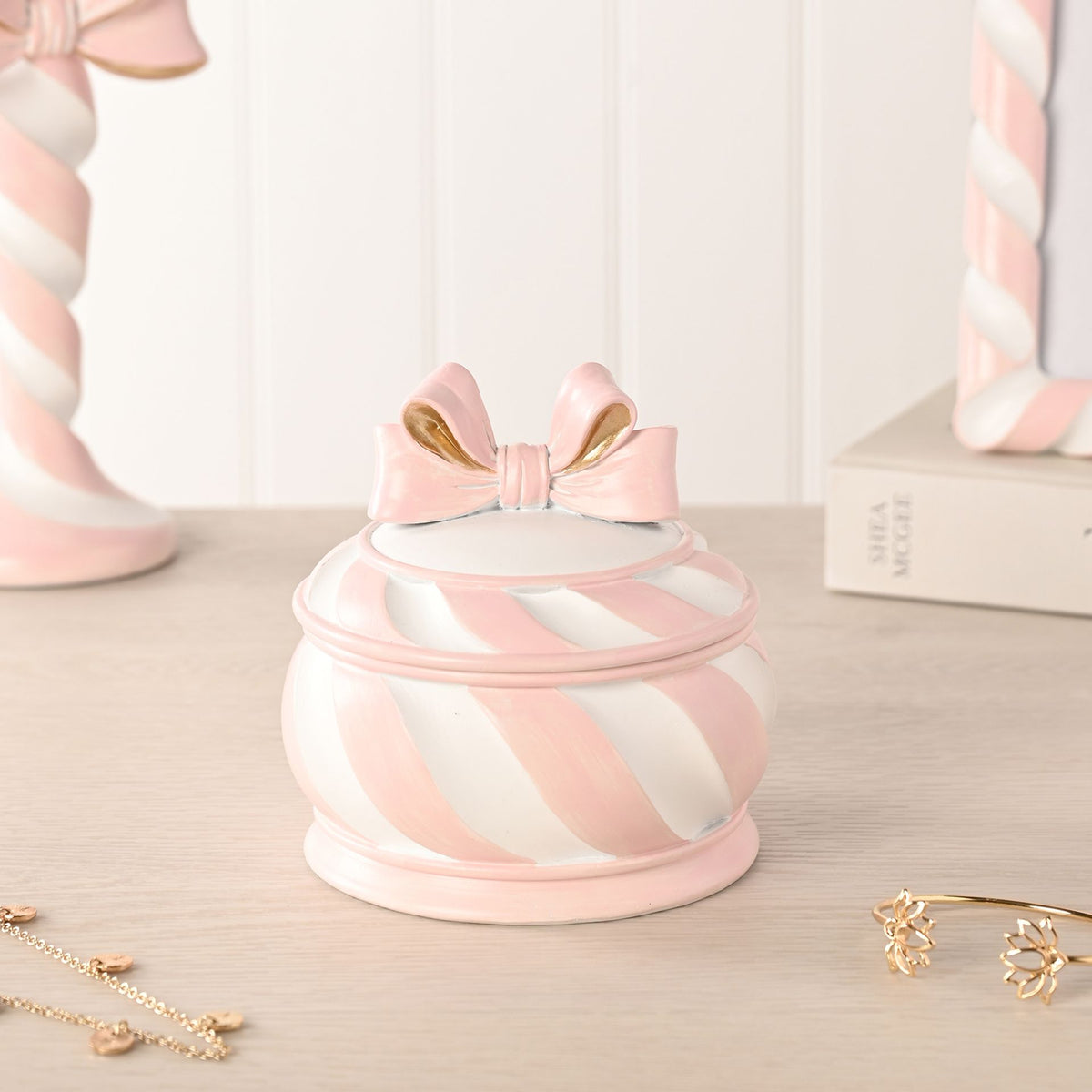 Resin Pink Candy Cane Trinket Box - 12cm