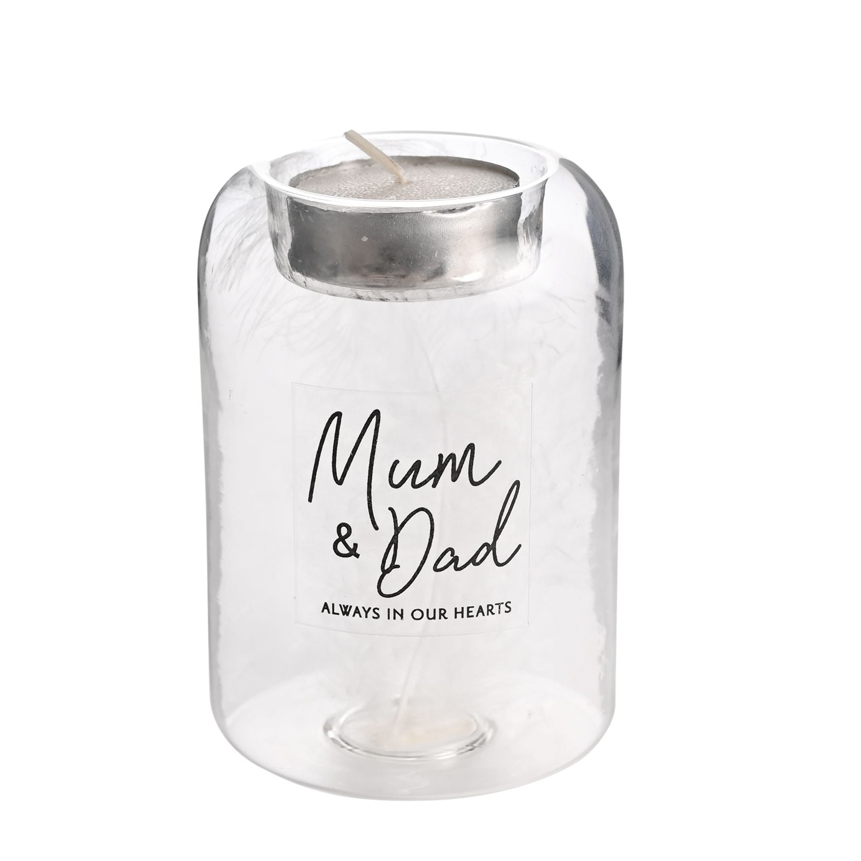 Thoughts of You Feather Glass Tea Light Holder - Mum & Dad