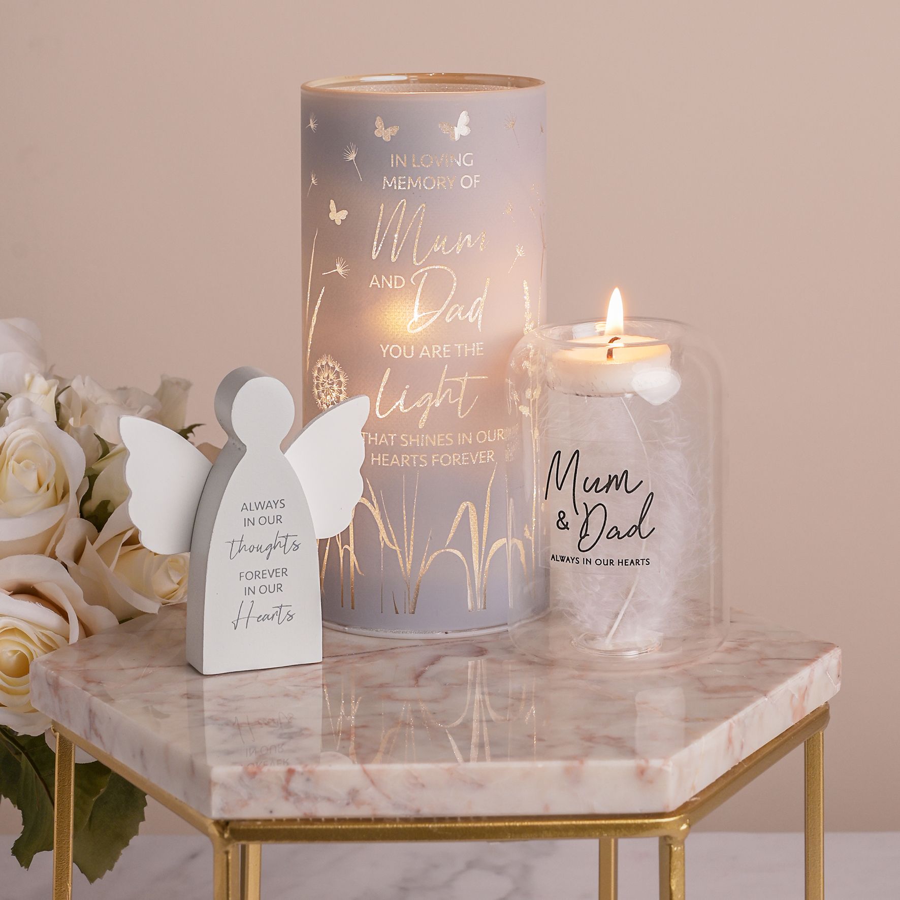 Thoughts of You Feather Glass Tea Light Holder - Mum & Dad