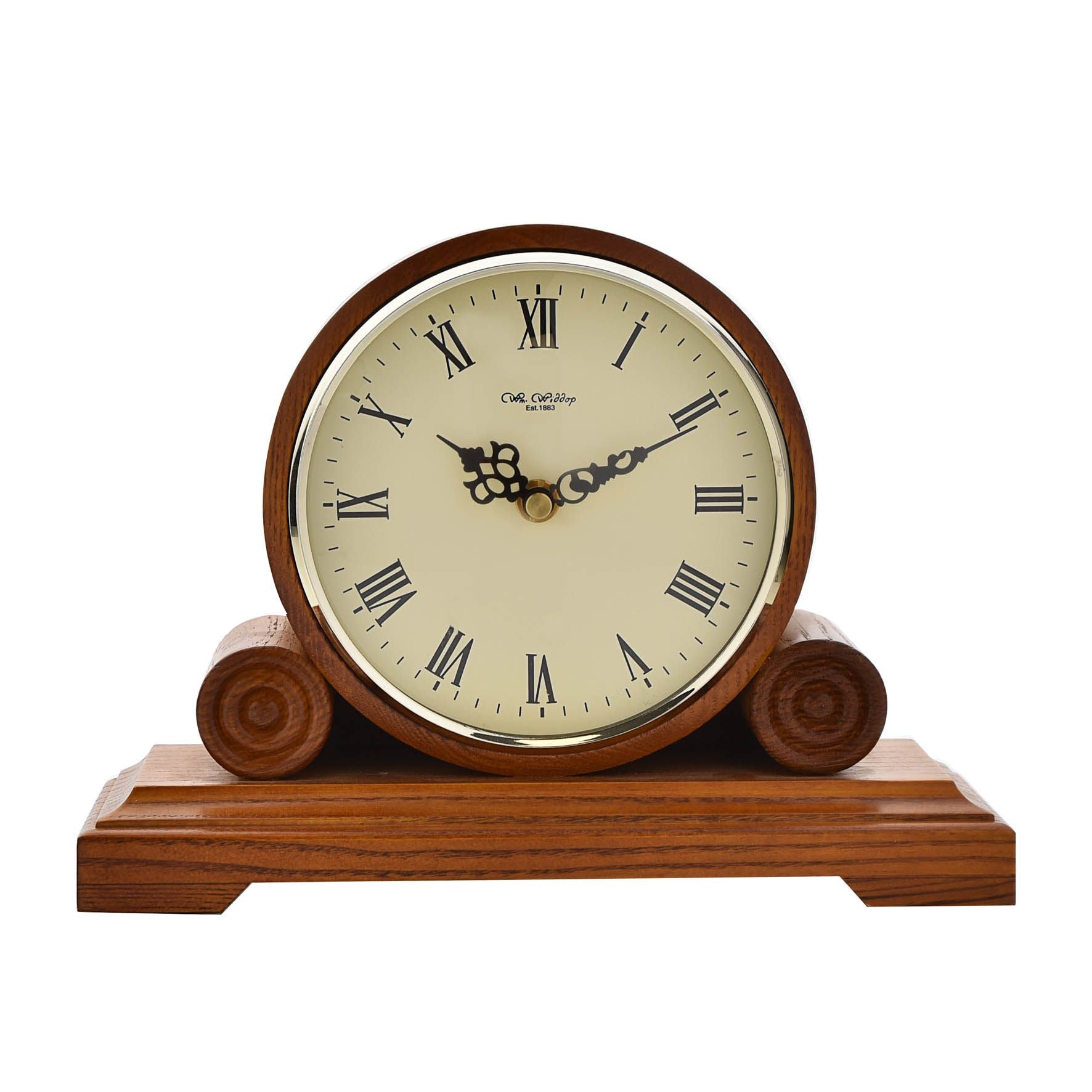 Wm.Widdop Qtz Mantel Clock Round Double Scroll - Walnut