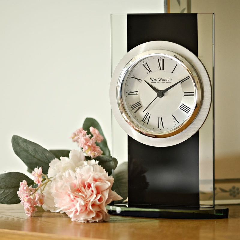 Wm.Widdop Black & Clear Glass Mantel Clock