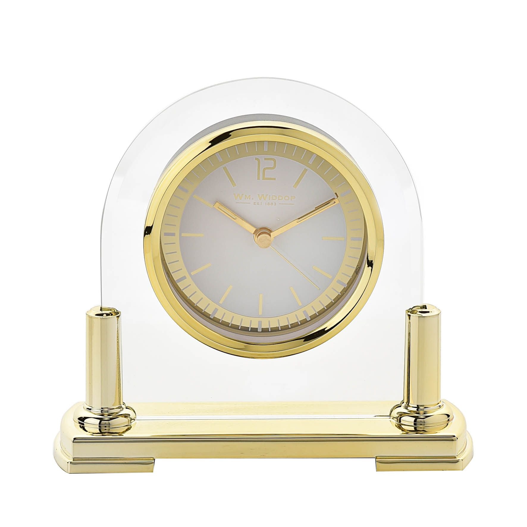 Wm.Widdop Glass Mantel Clock 2 Tone Dial Gold Stand