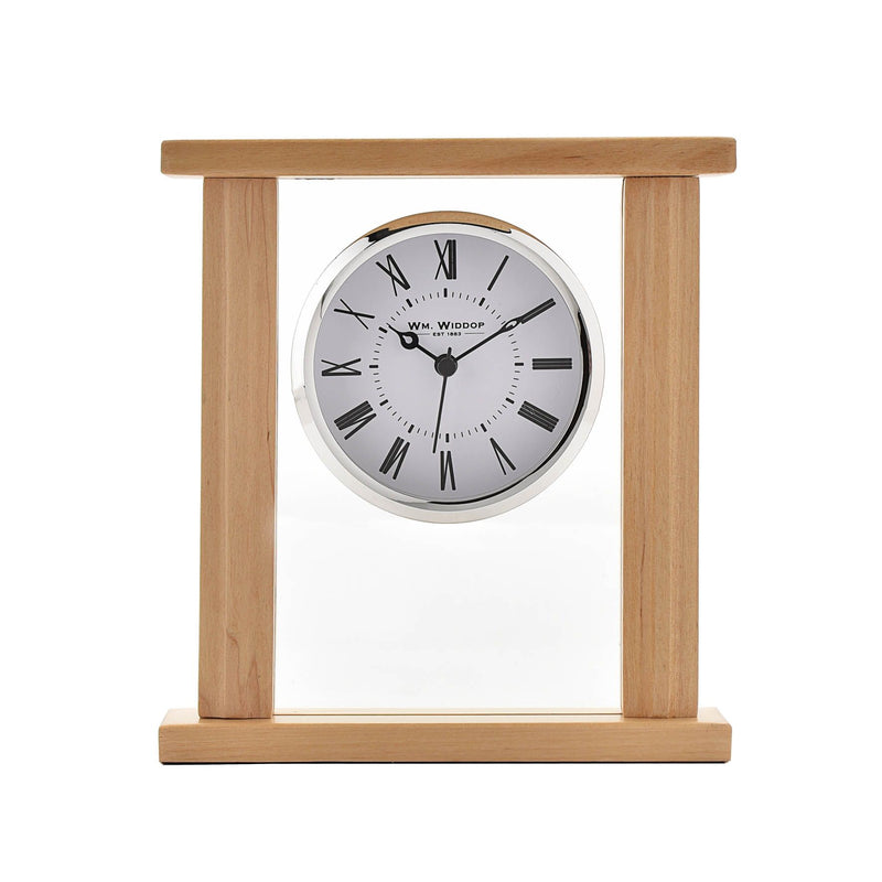 Wm.Widdop Wood & Glass Mantel Clock Roman Dial Silver Bezel