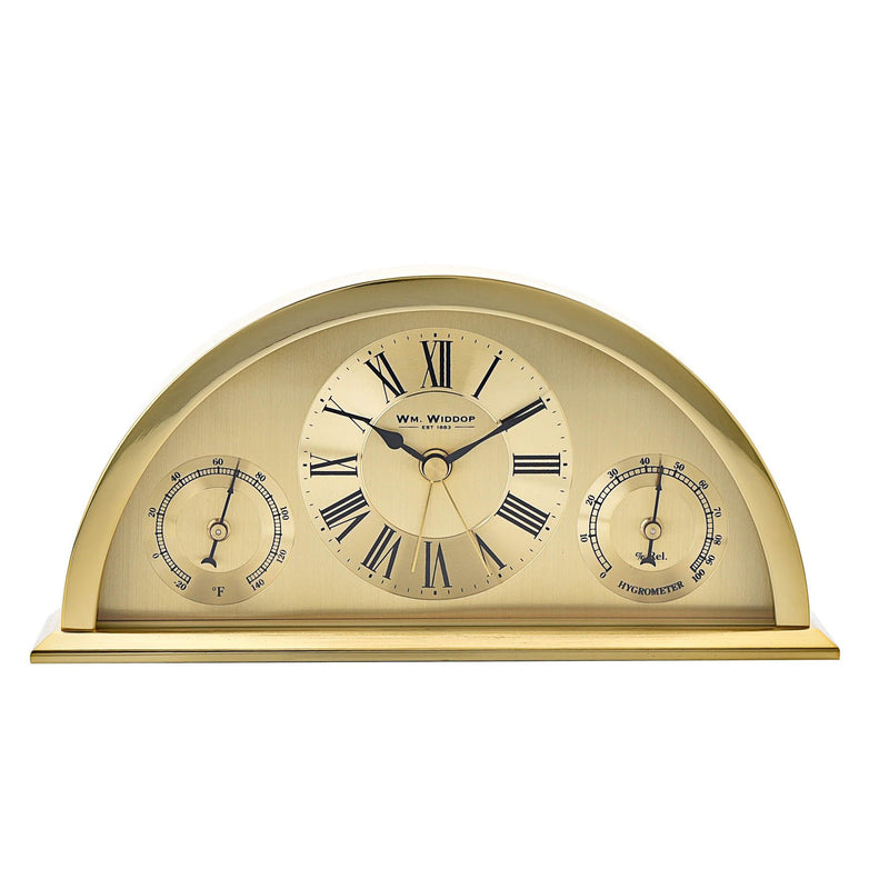 Wm.Widdop Gold Aluminium Crescent Shaped Mantel Clock