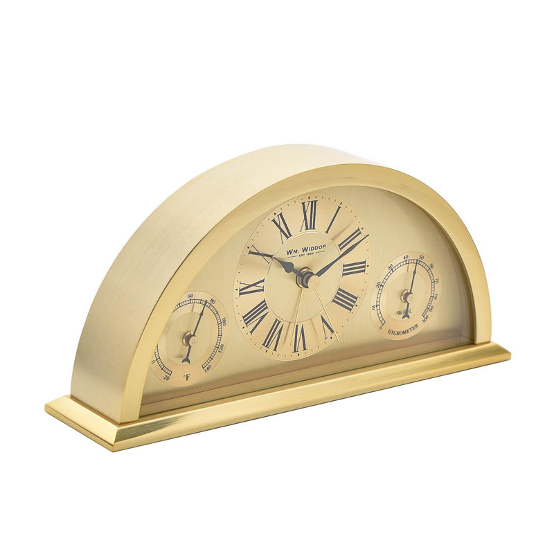 Wm.Widdop Gold Aluminium Crescent Shaped Mantel Clock