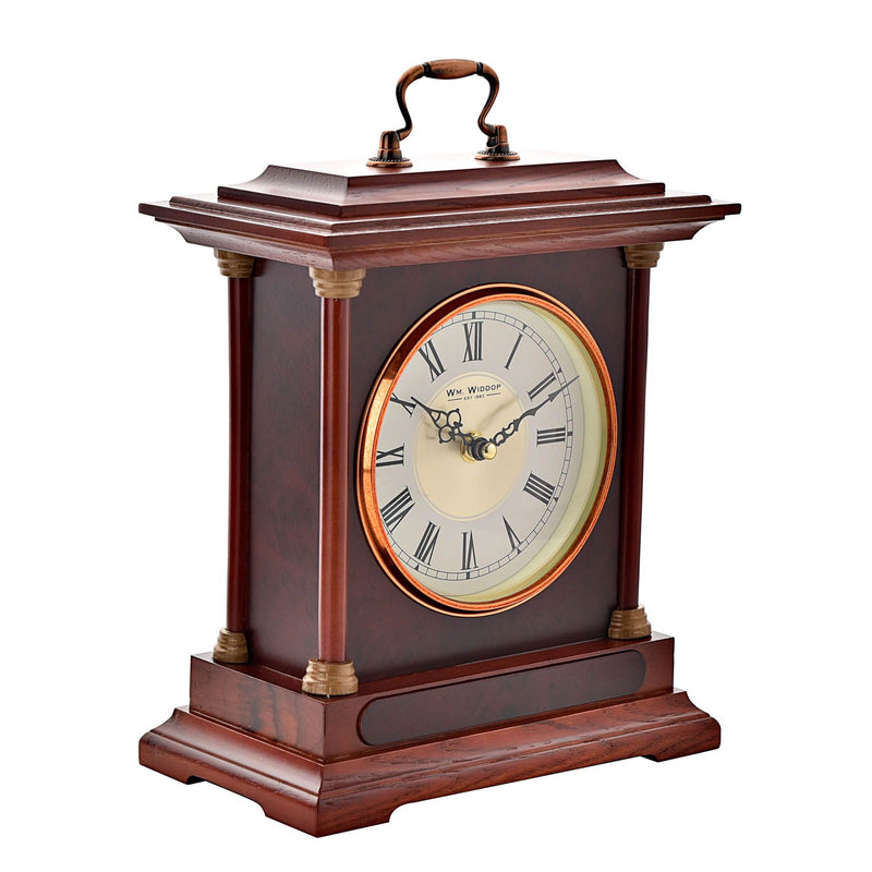 Wm. Widdop Wooden Mantel Clock Metal Handle & Roman Numerals