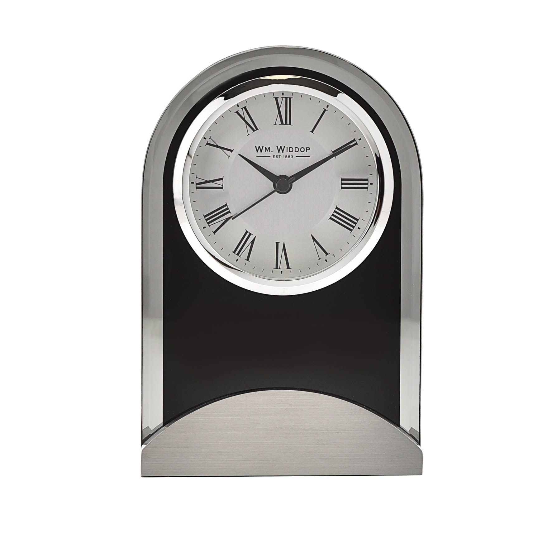 Wm.Widdop Black Glass Panel Aluminium Base Mantel Clock