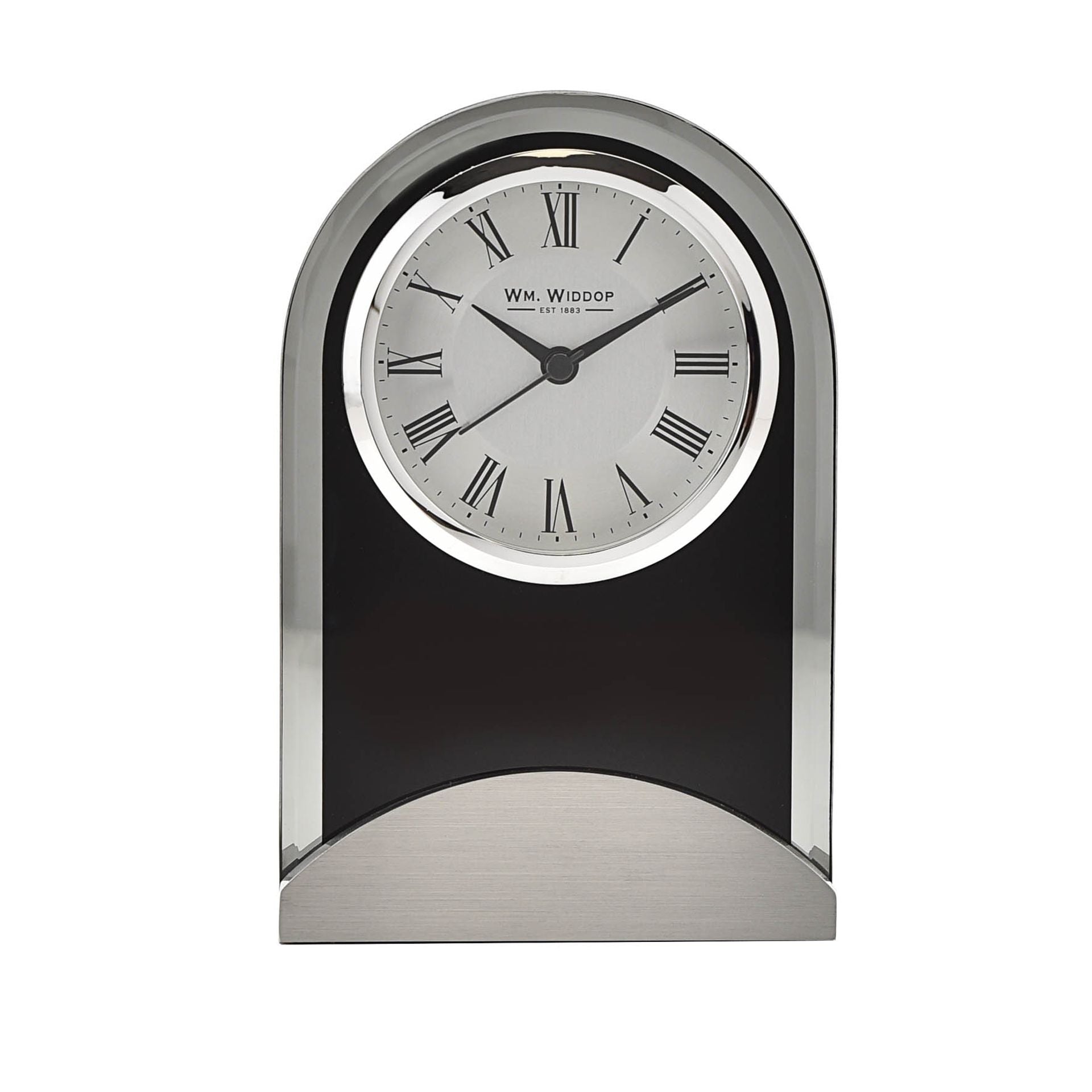 Wm.Widdop Black Glass Panel Aluminium Base Mantel Clock