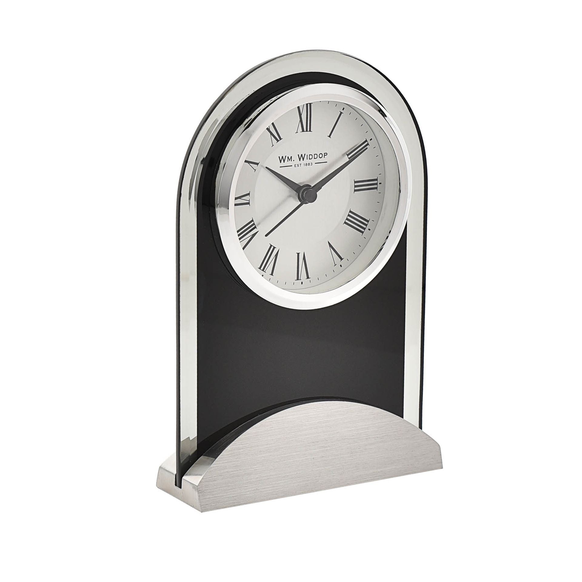 Wm.Widdop Black Glass Panel Aluminium Base Mantel Clock