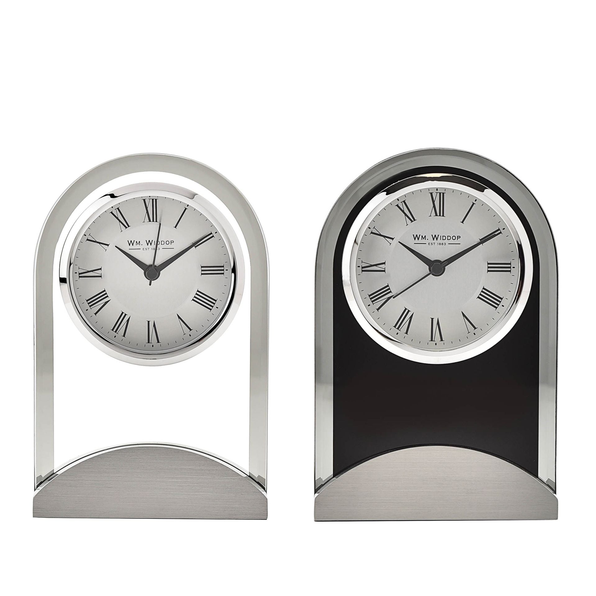 Wm.Widdop Black Glass Panel Aluminium Base Mantel Clock