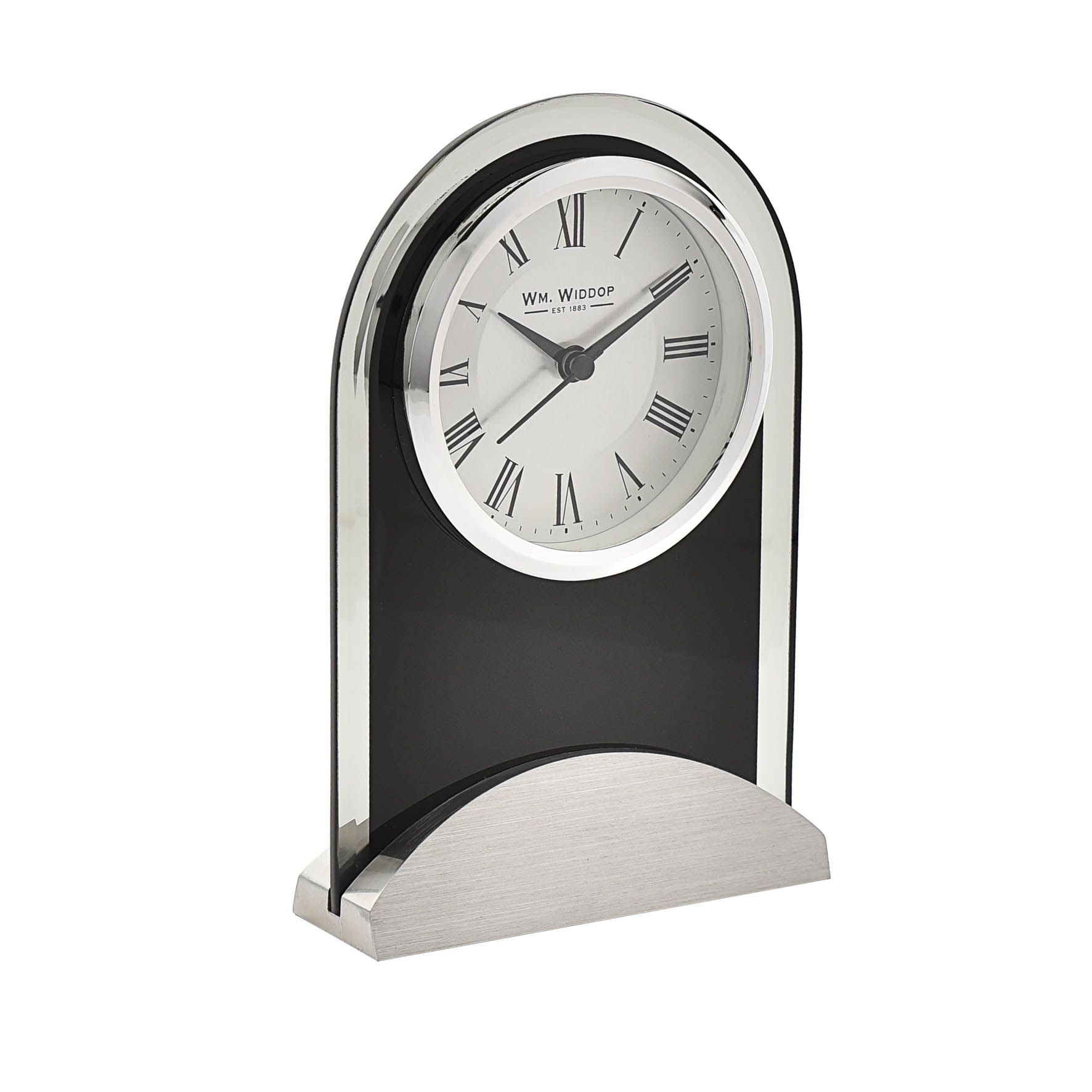 Wm.Widdop Black Glass Panel Aluminium Base Mantel Clock