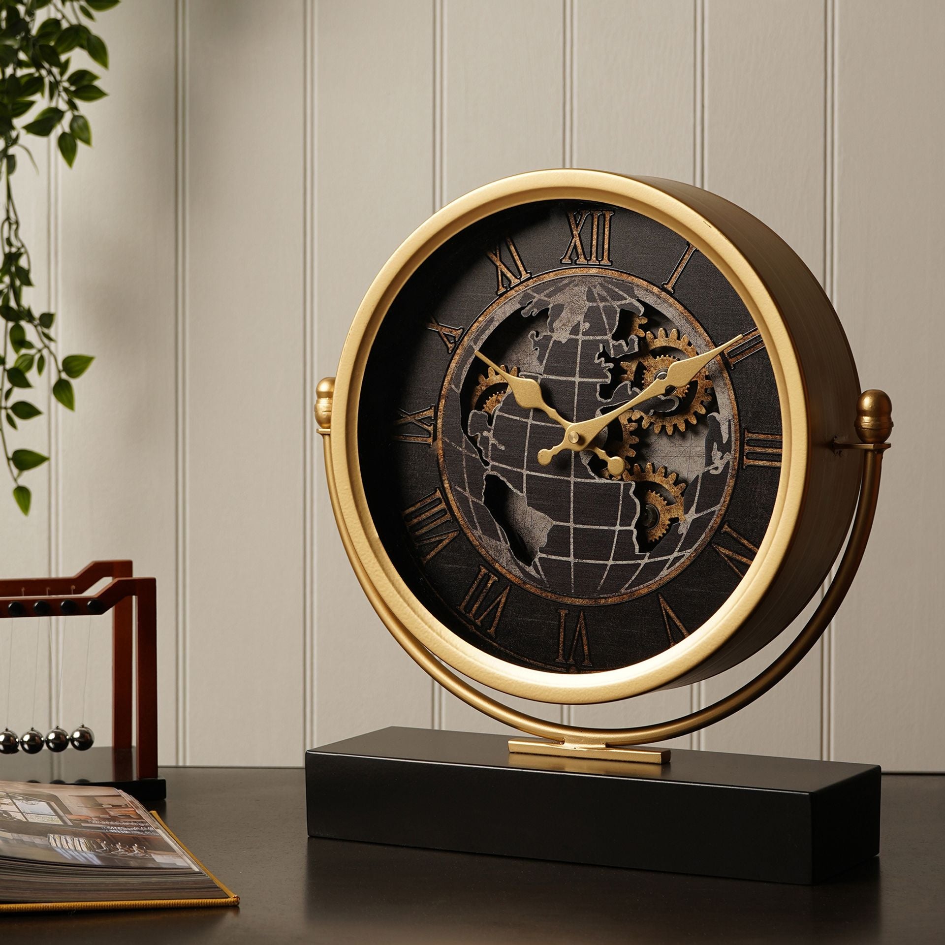 Wm Widdop Moving Gear World Map Mantel Clock - 39cm