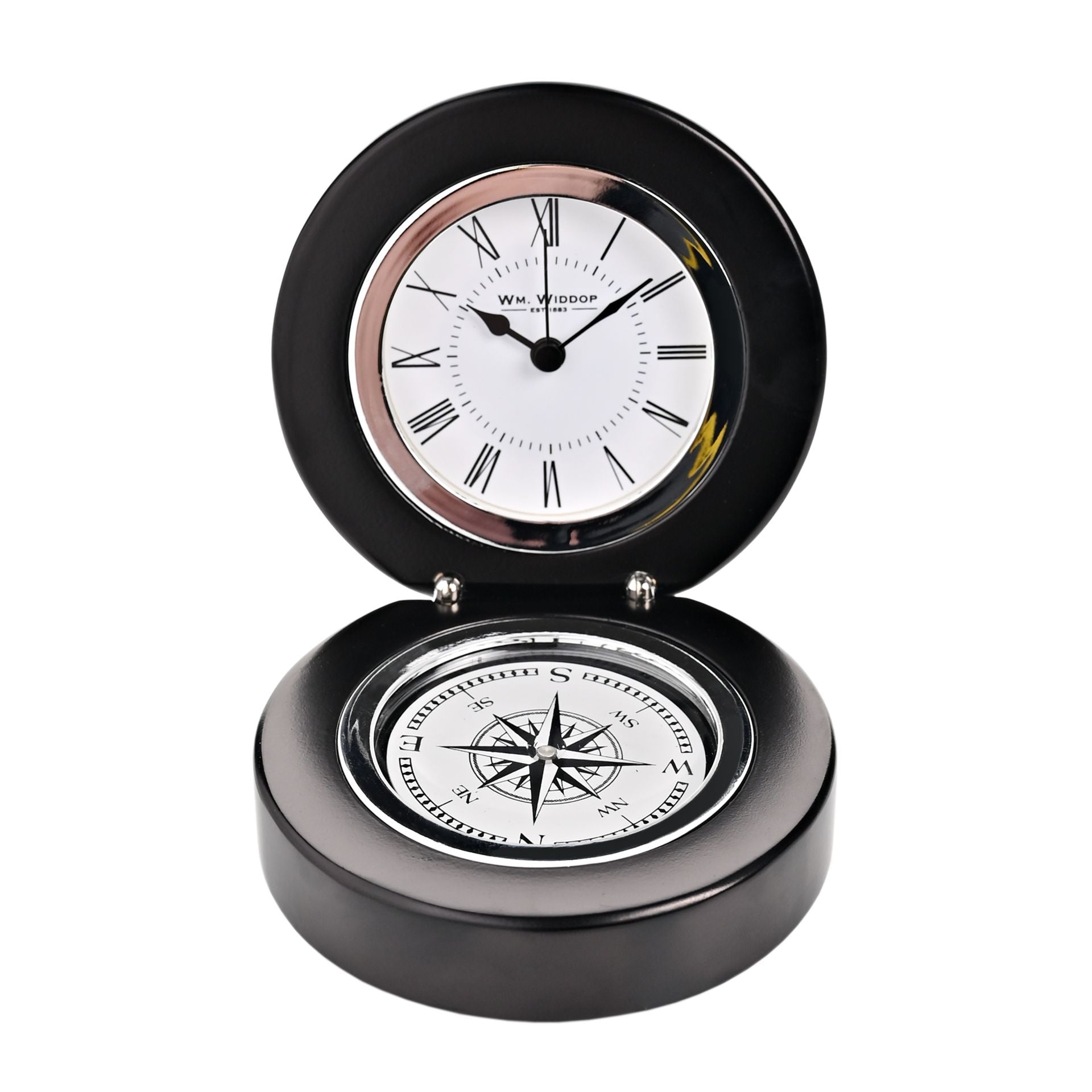 Wm. Widdop Black Wood Folding Mantel Clock & Compass