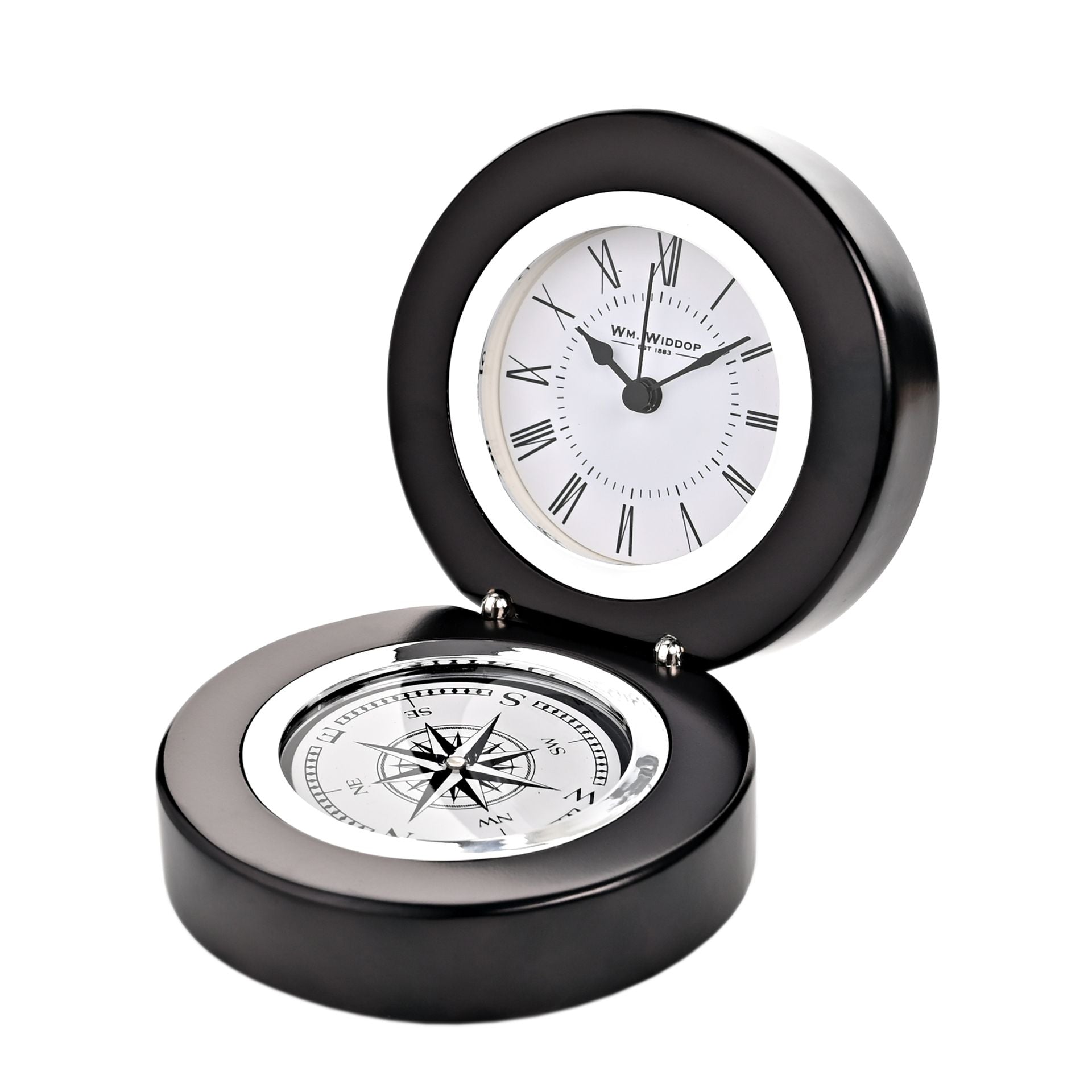 Wm. Widdop Black Wood Folding Mantel Clock & Compass
