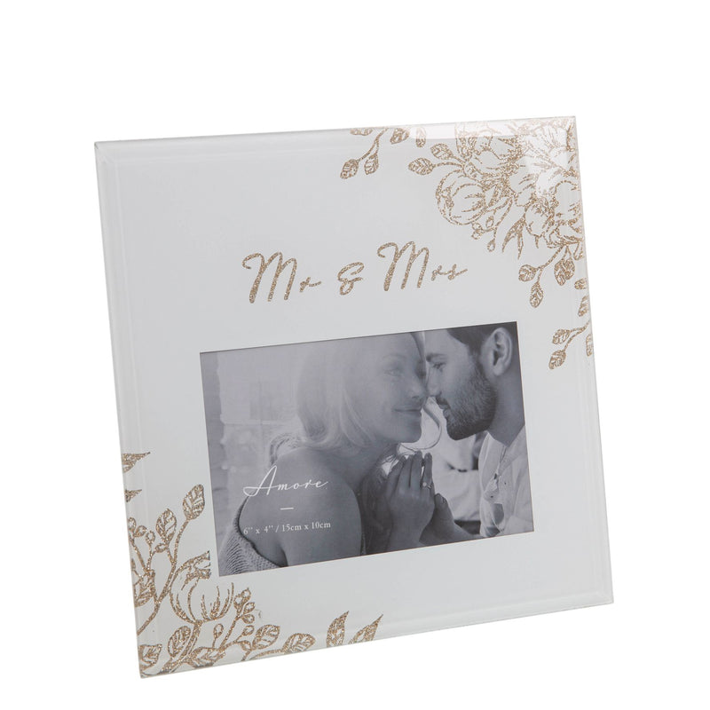 'Mr & Mrs' Pale Grey Glass Gold Floral Frame 4" x 6"