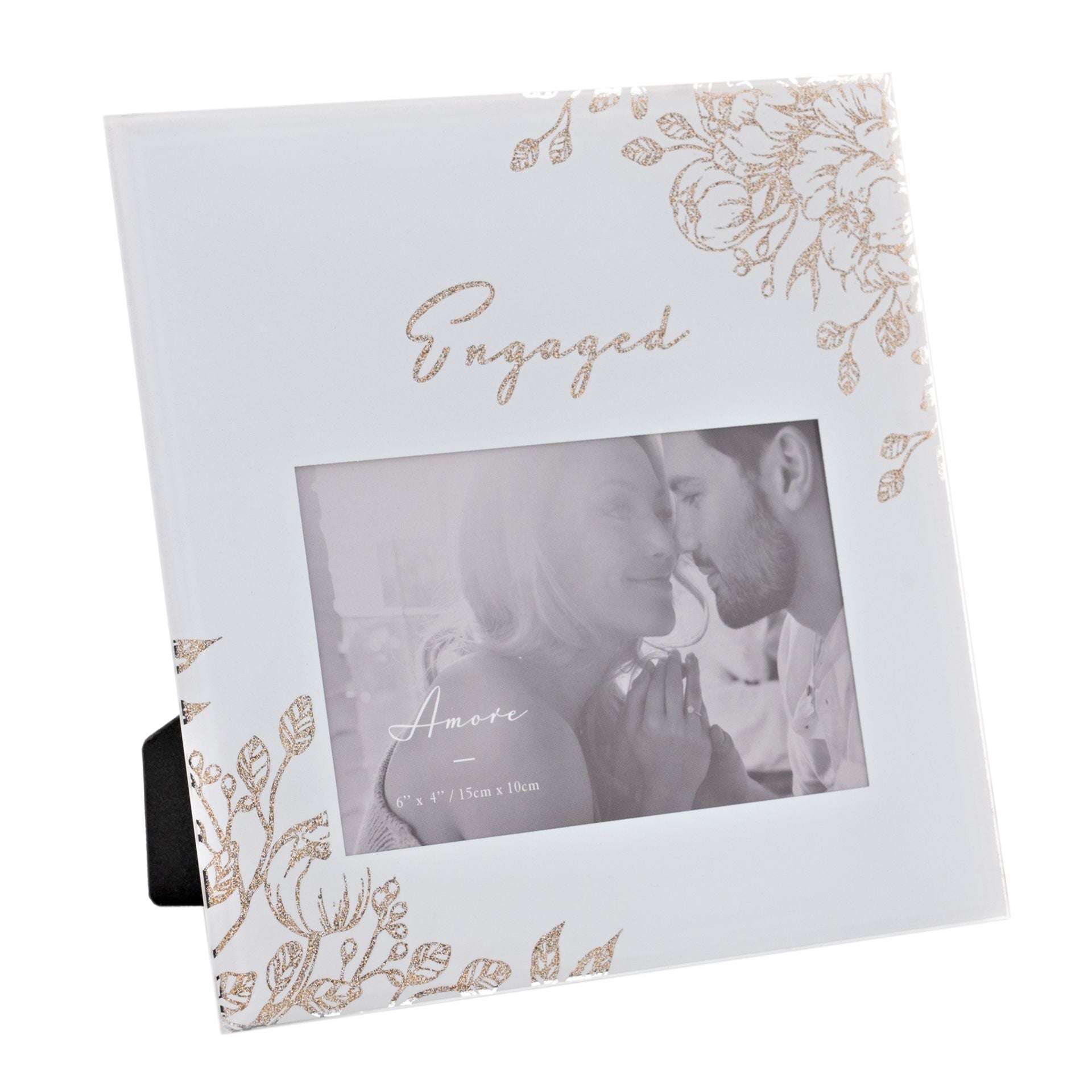 'Engaged' Pale Grey Glass Gold Floral Frame 6" x 4"