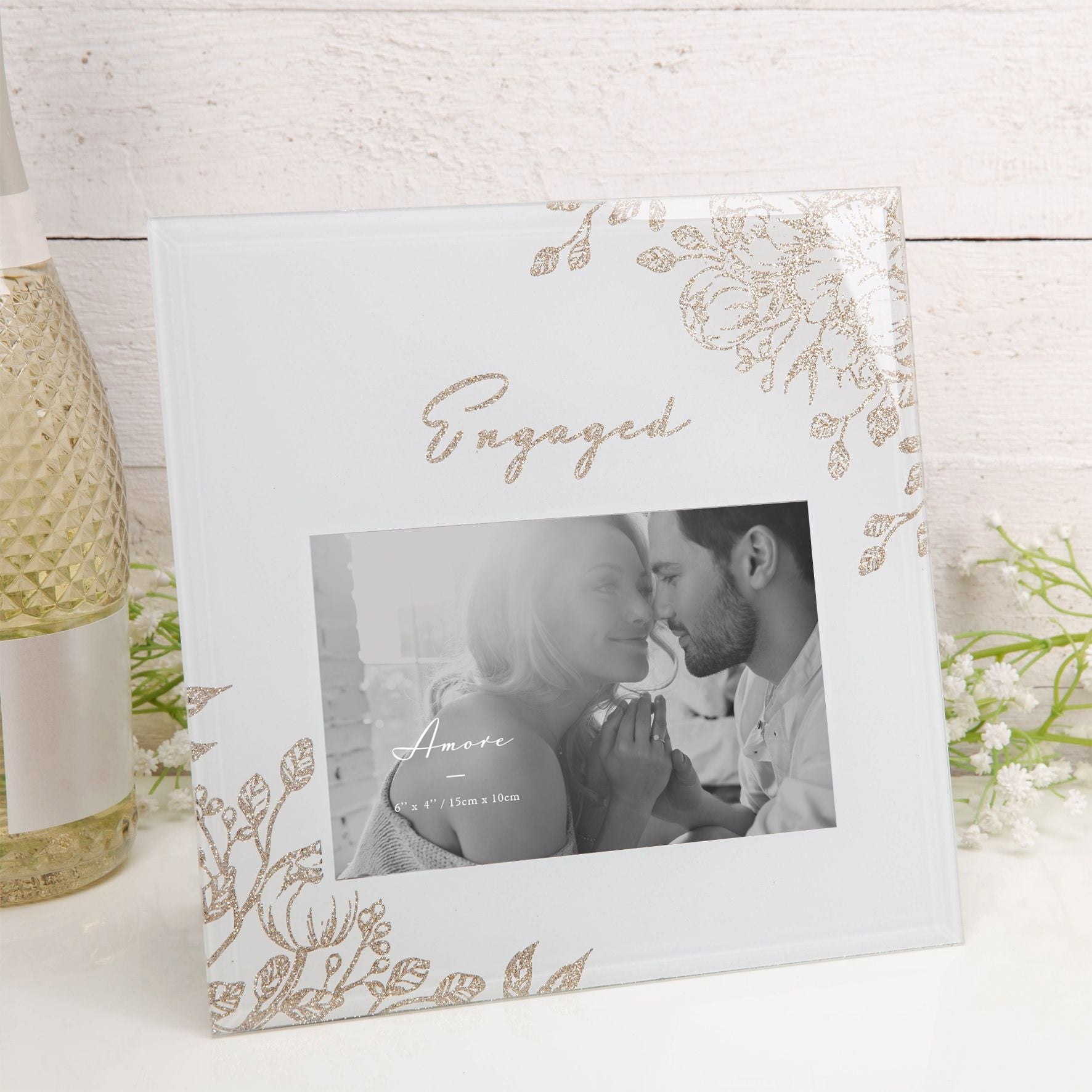 'Engaged' Pale Grey Glass Gold Floral Frame 6" x 4"