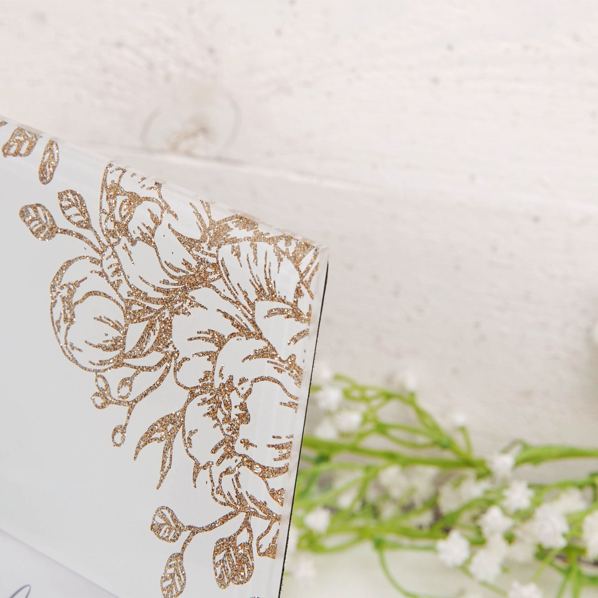 'Engaged' Pale Grey Glass Gold Floral Frame 6" x 4"