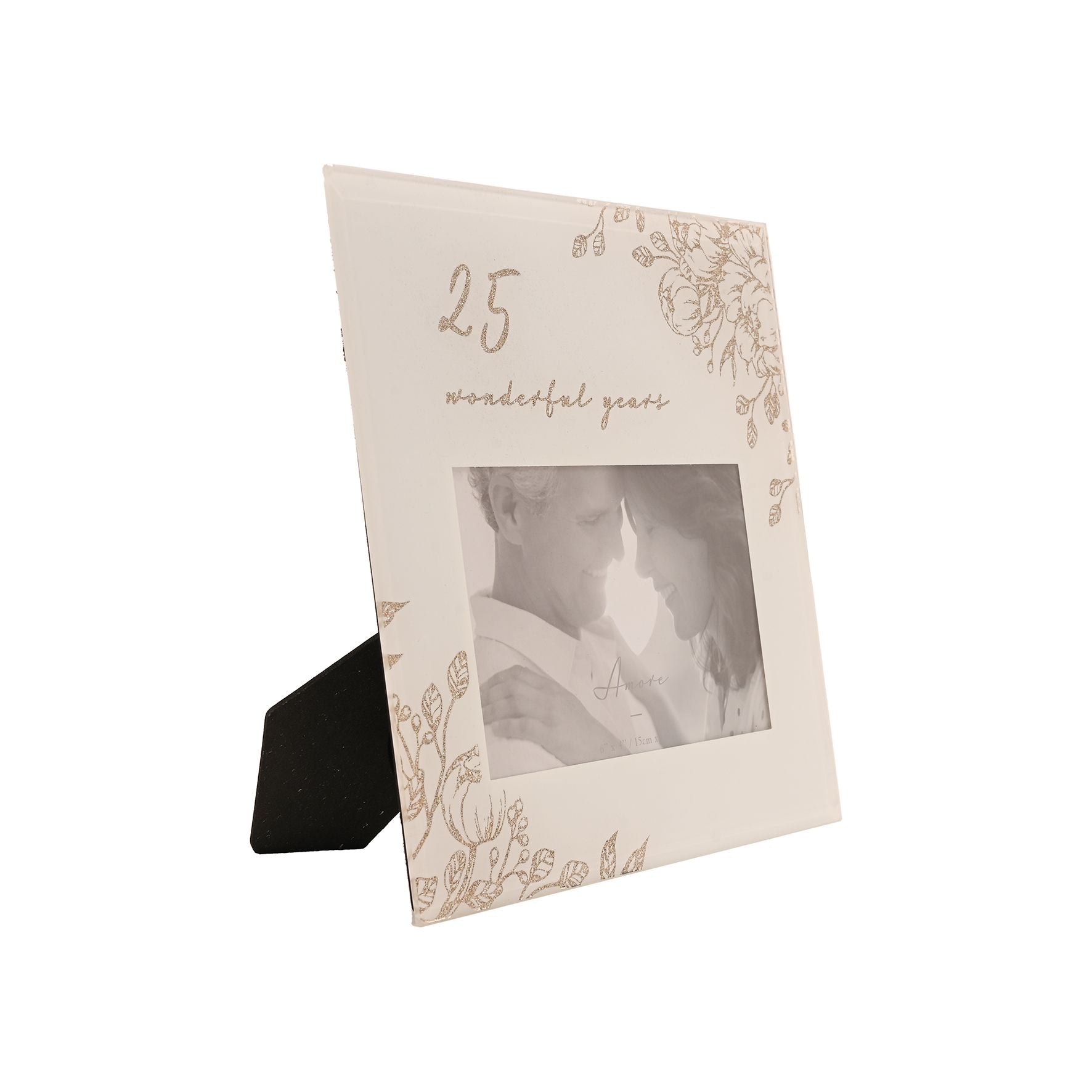 25 Wonderful Years Pale Grey Glass Gold Floral Frame 6" x 4"