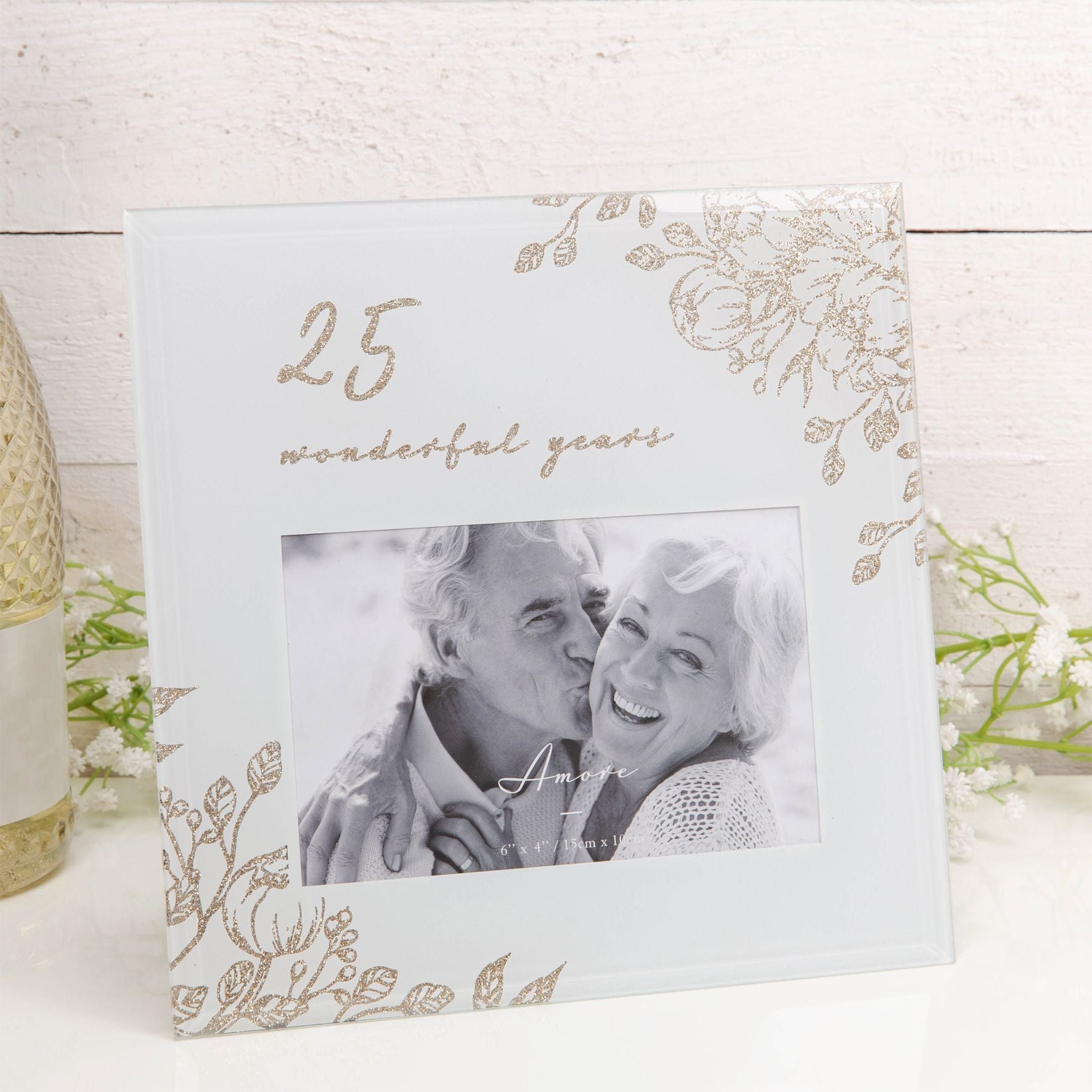 25 Wonderful Years Pale Grey Glass Gold Floral Frame 6" x 4"