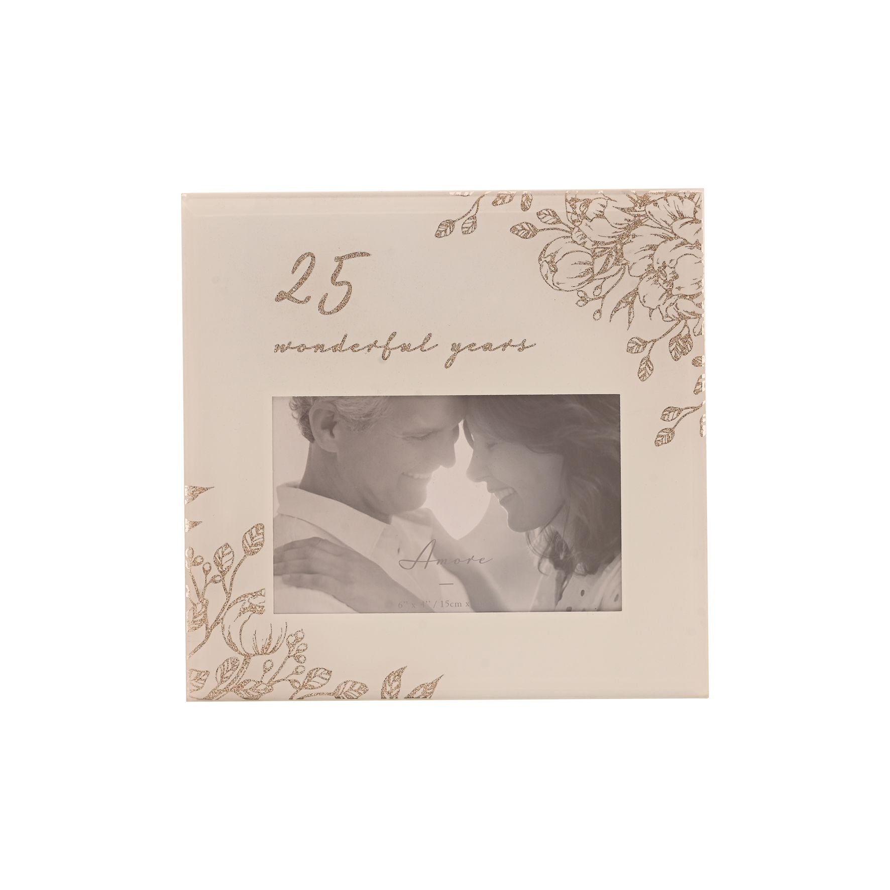 25 Wonderful Years Pale Grey Glass Gold Floral Frame 6" x 4"