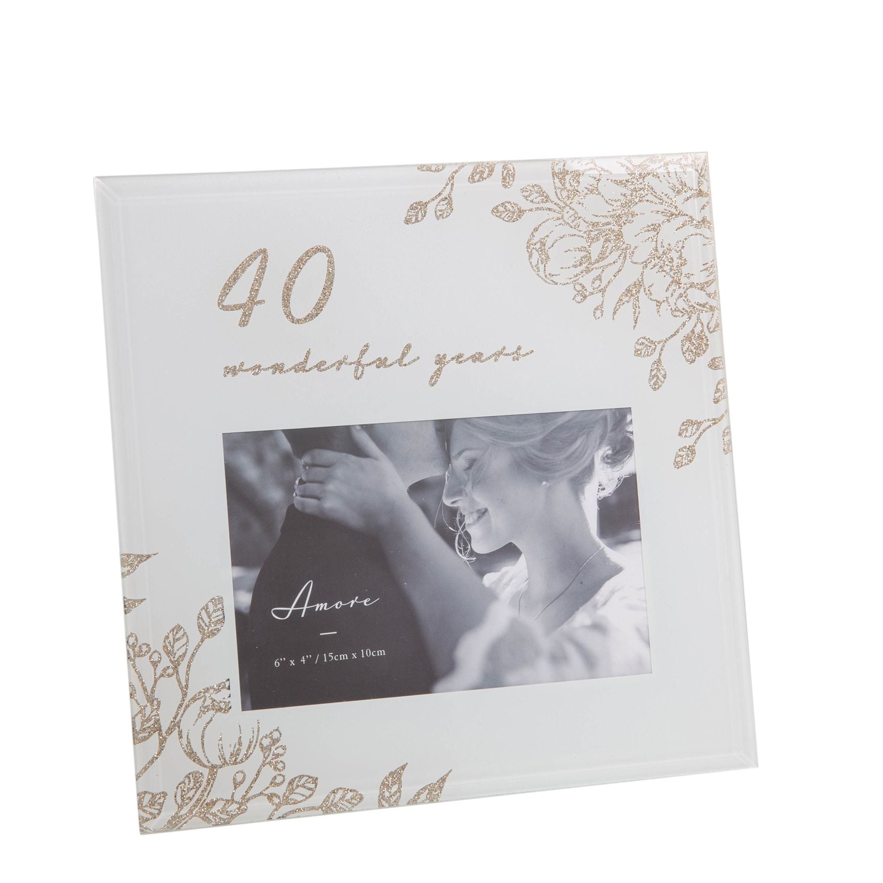 40 Wonderful Years Pale Grey Glass Gold Floral Frame 6" x 4"
