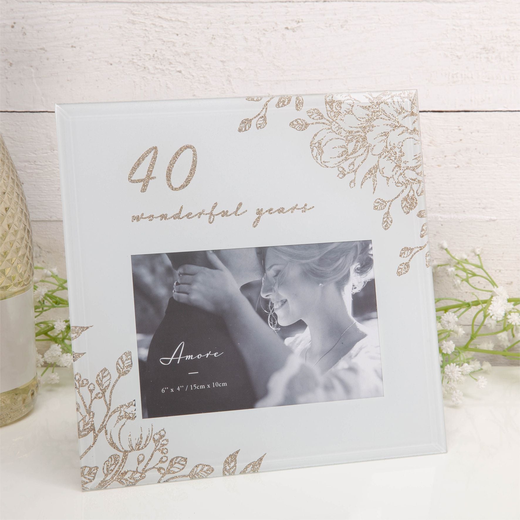 40 Wonderful Years Pale Grey Glass Gold Floral Frame 6" x 4"