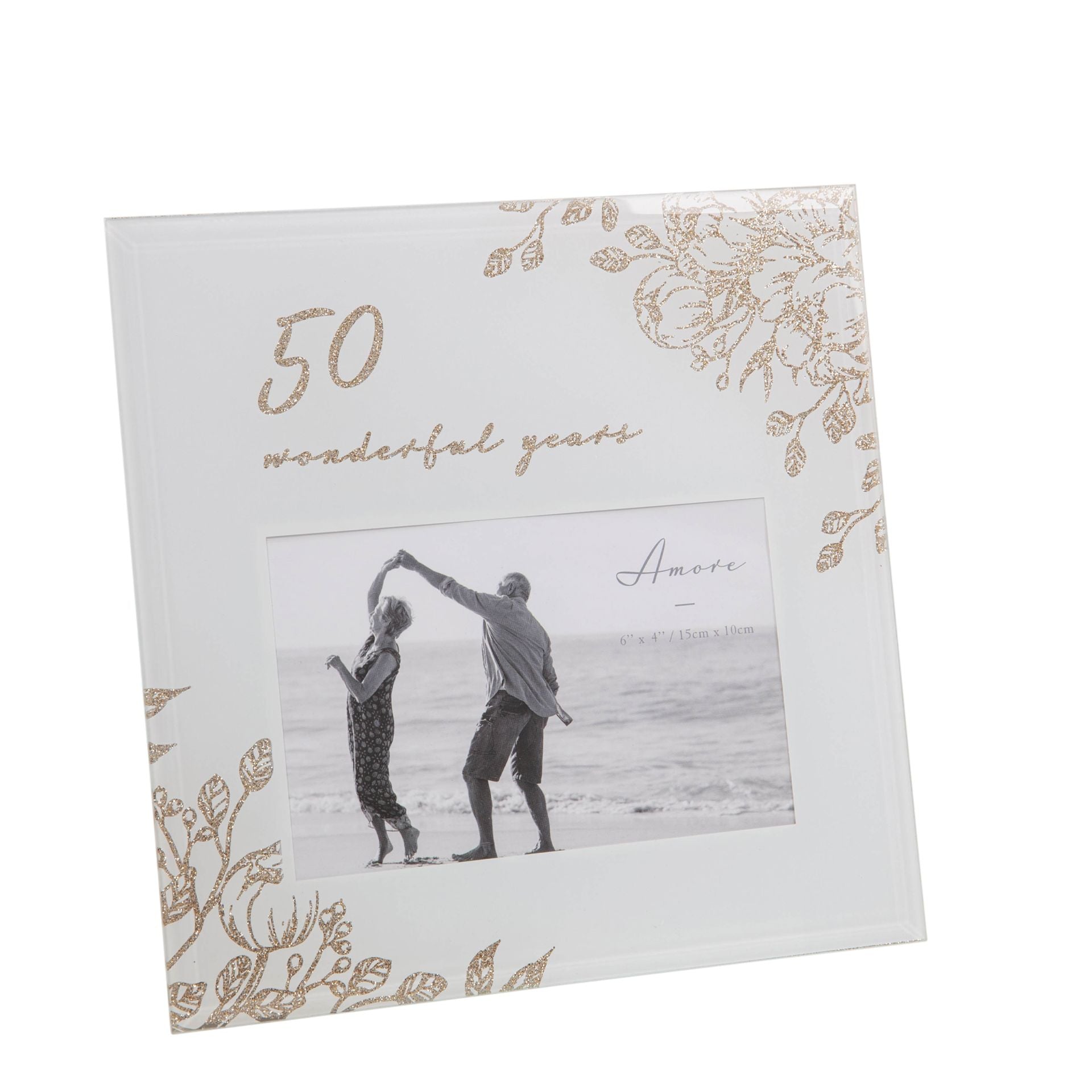 50 Wonderful Years Pale Grey Glass Gold Floral Frame 6" x 4"