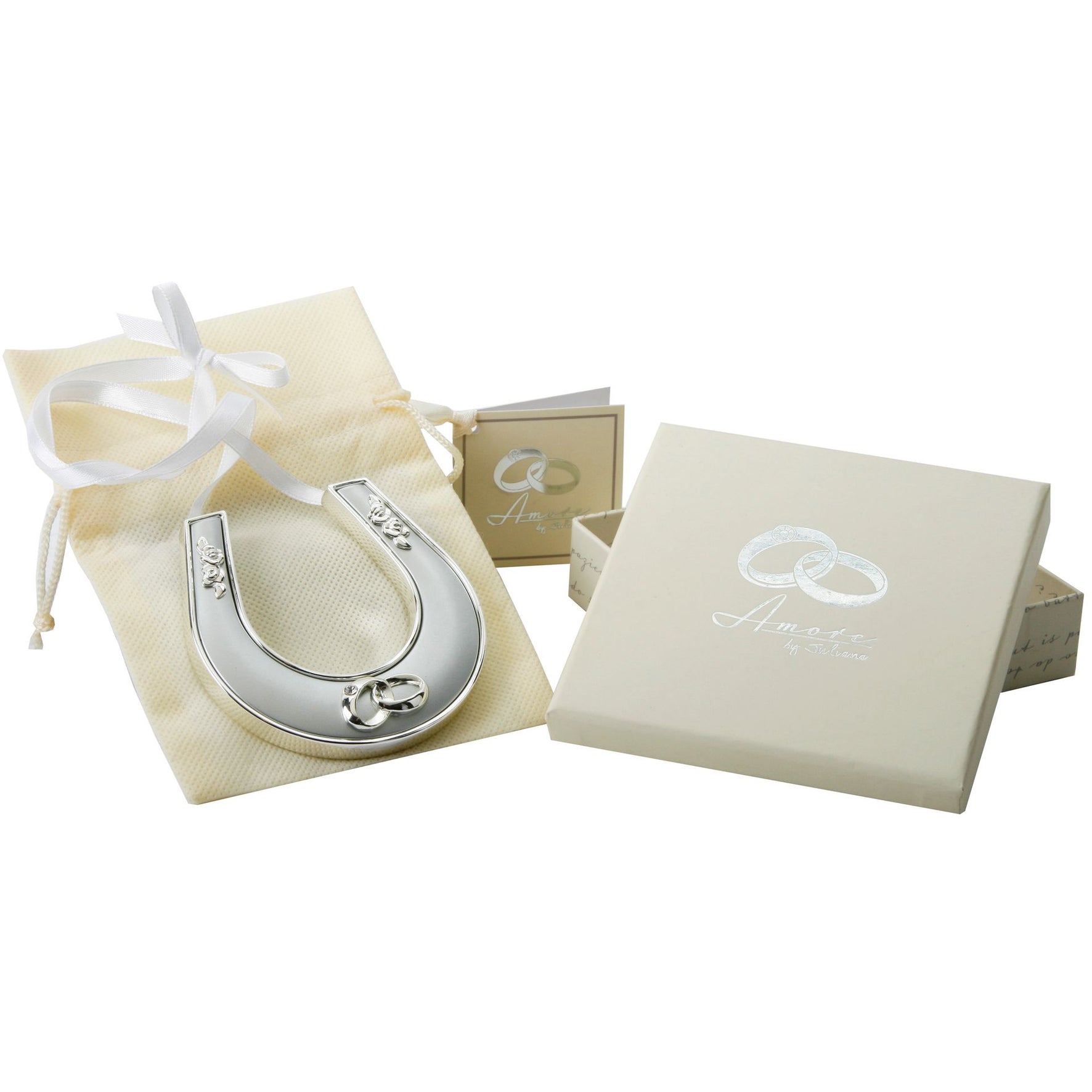 Amore Silver Plated Horse Shoe with Icon, Crystal and Ribbon