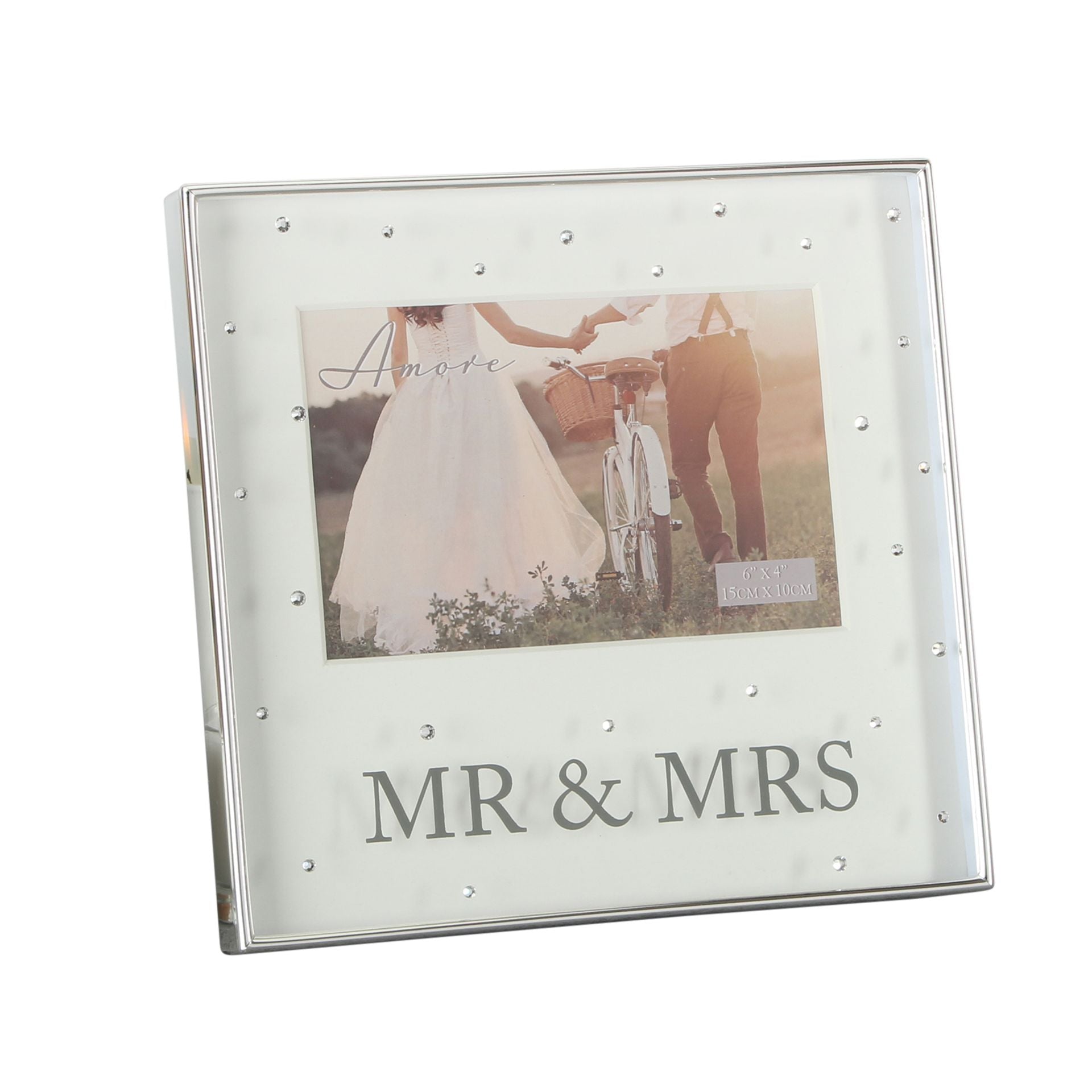 Amore Silver Plated Box Frame with Crystals 6" x 4" Mr & Mrs