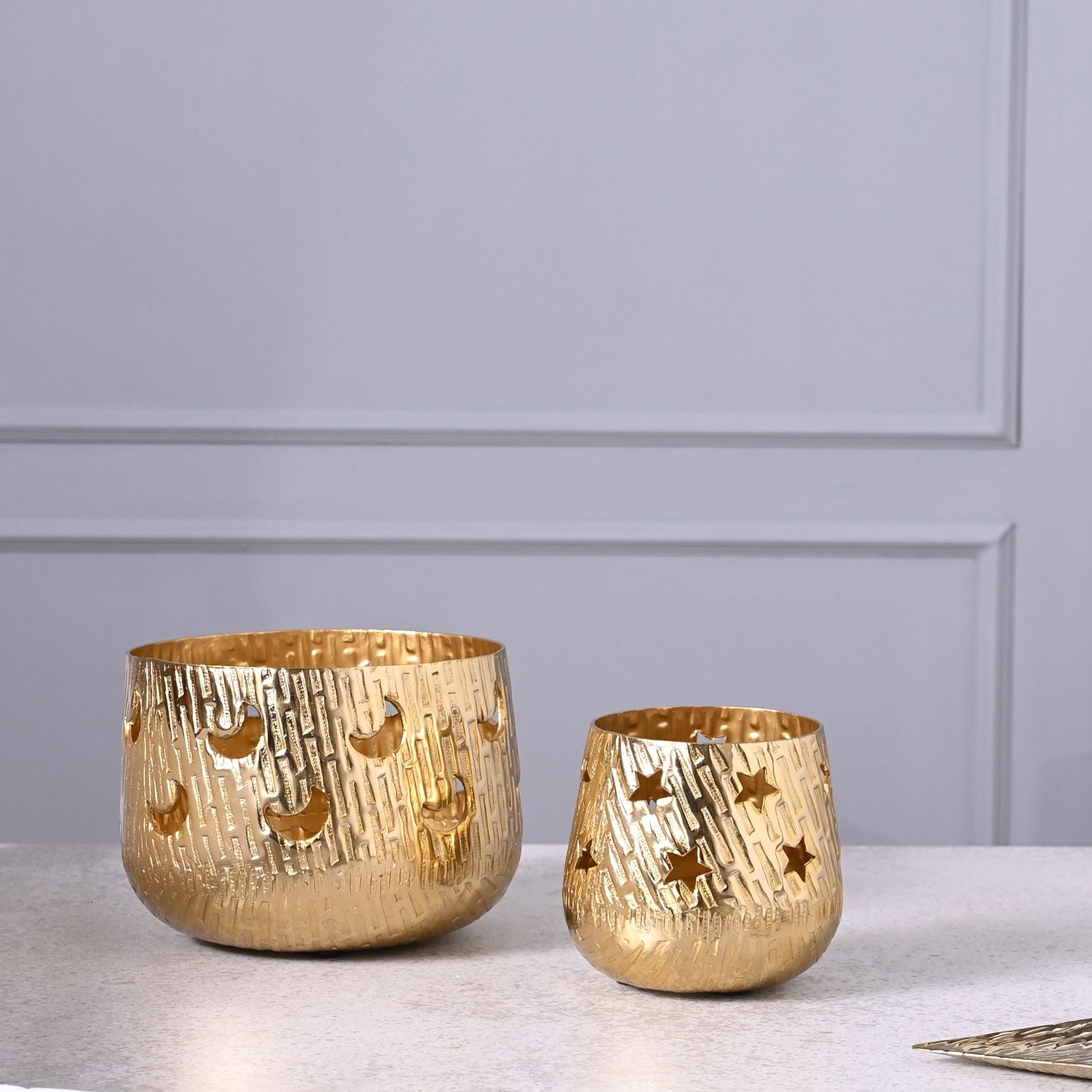 Celestial Set of 2 Gold Moon and Star Metal Votives