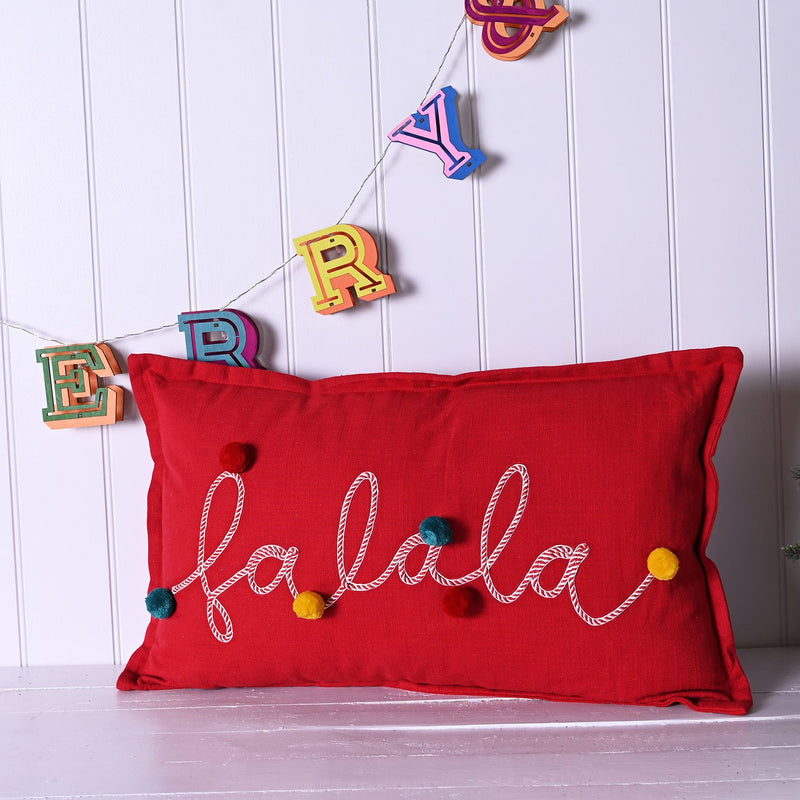 Embroidered FaLaLa Cushion with Pom Poms