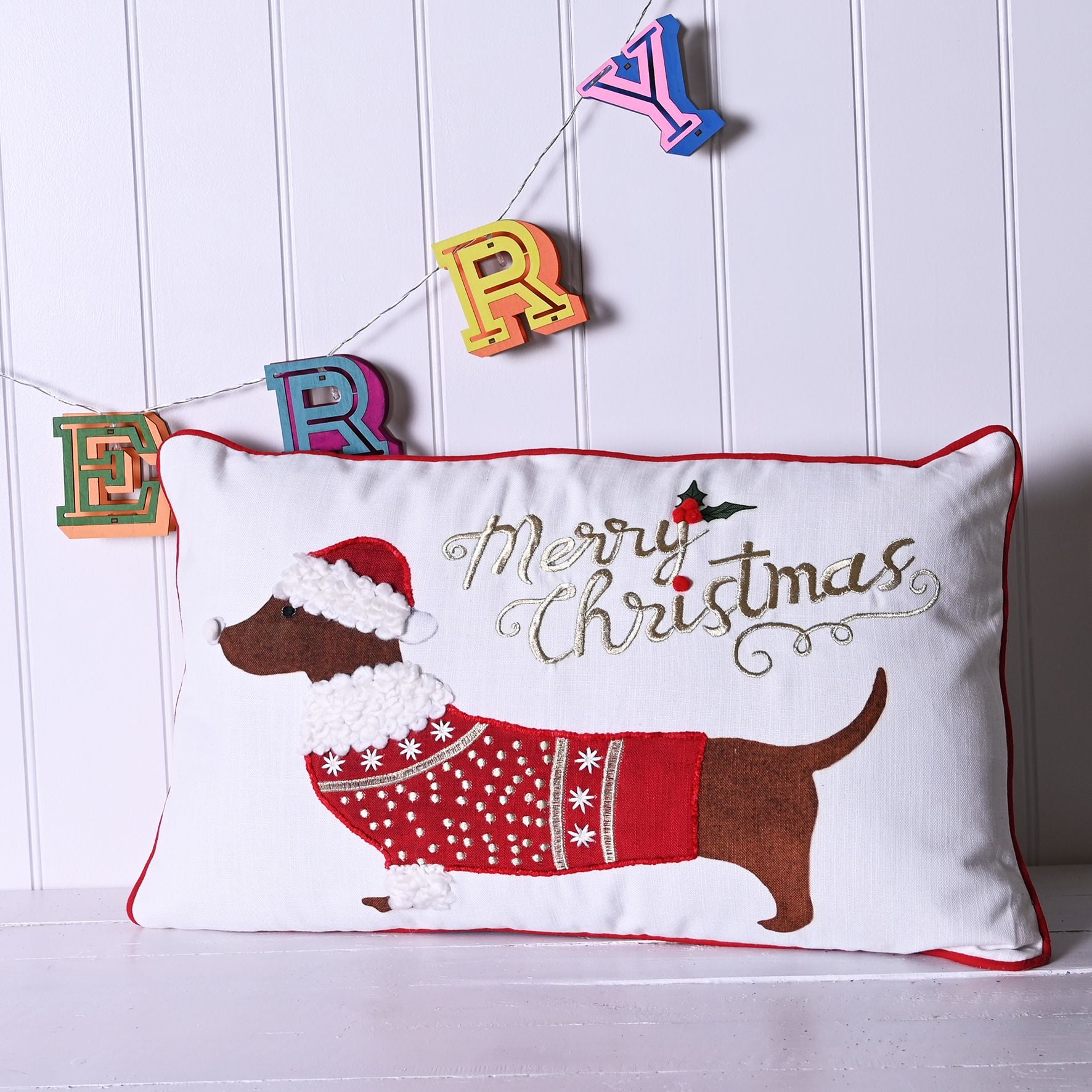Embroidered Sausage Dog Cushion