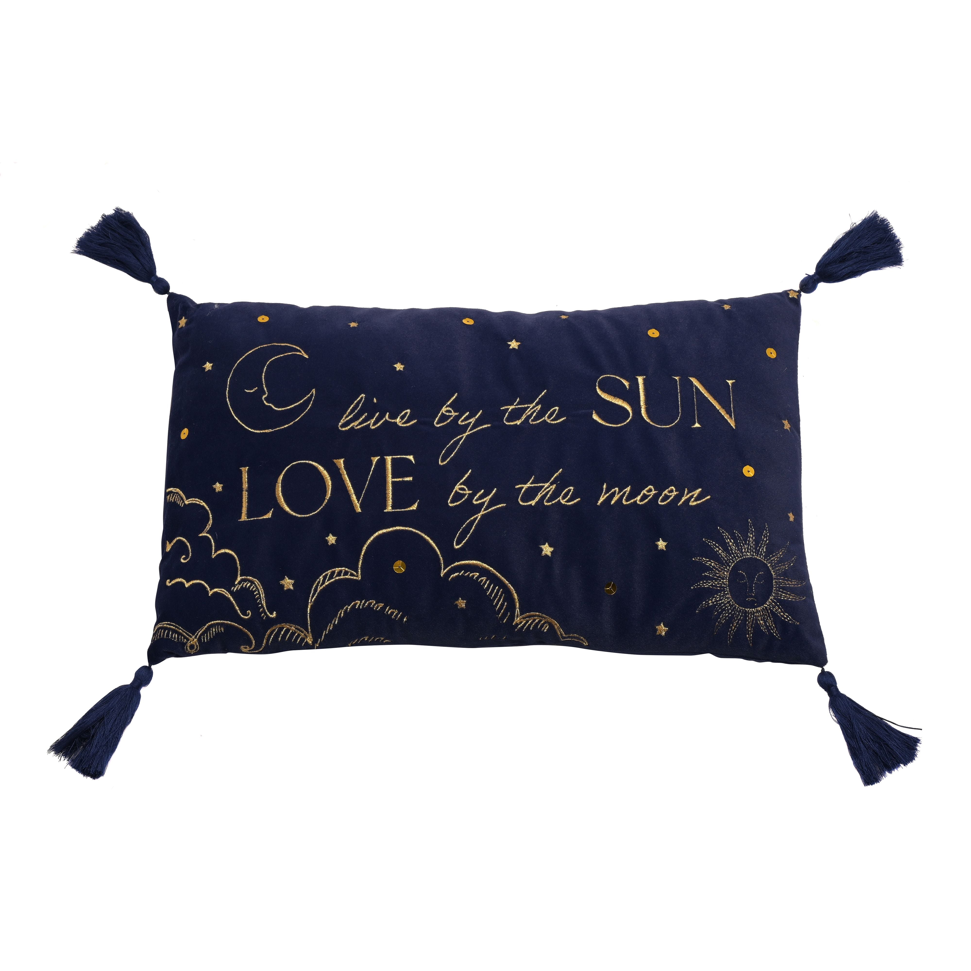 Blue Velvet Rectangular Cushion 'Live By The Sun'